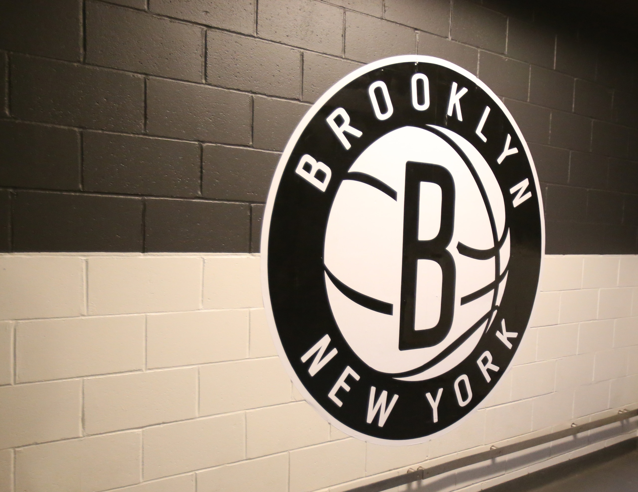 BROOKLYN, NY - OCTOBER 5:  The Brooklyn Nets logo before the game against the Miami Heat during a preseason game on October 5, 2017 at Barclays Center in Brooklyn, New York. NOTE TO USER: User expressly acknowledges and agrees that, by downloading and or using this Photograph, user is consenting to the terms and conditions of the Getty Images License Agreement. Mandatory Copyright Notice: Copyright 2017 NBAE (Photo by Nathaniel S. Butler/NBAE via Getty Images)