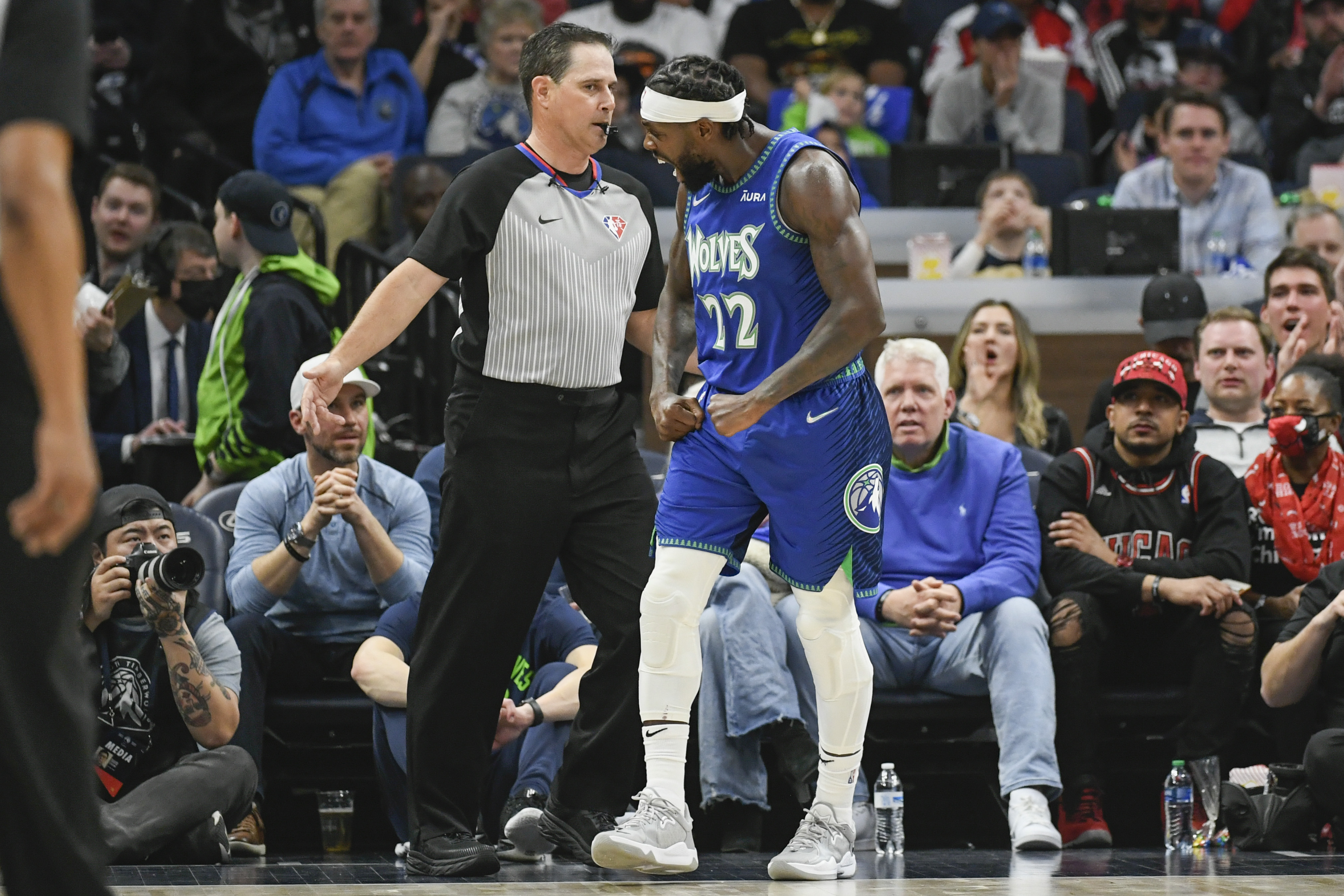 Minnesota Timberwolves guard Patrick Beverley, right, yells in front of referee David Guthrie and was called on his second technical foul that resulted in being ejected from the game after Beverley made a basket against the Chicago Bulls during the first half of an NBA basketball game Sunday, April 10, 2022, in Minneapolis. (AP Photo/Craig Lassig)