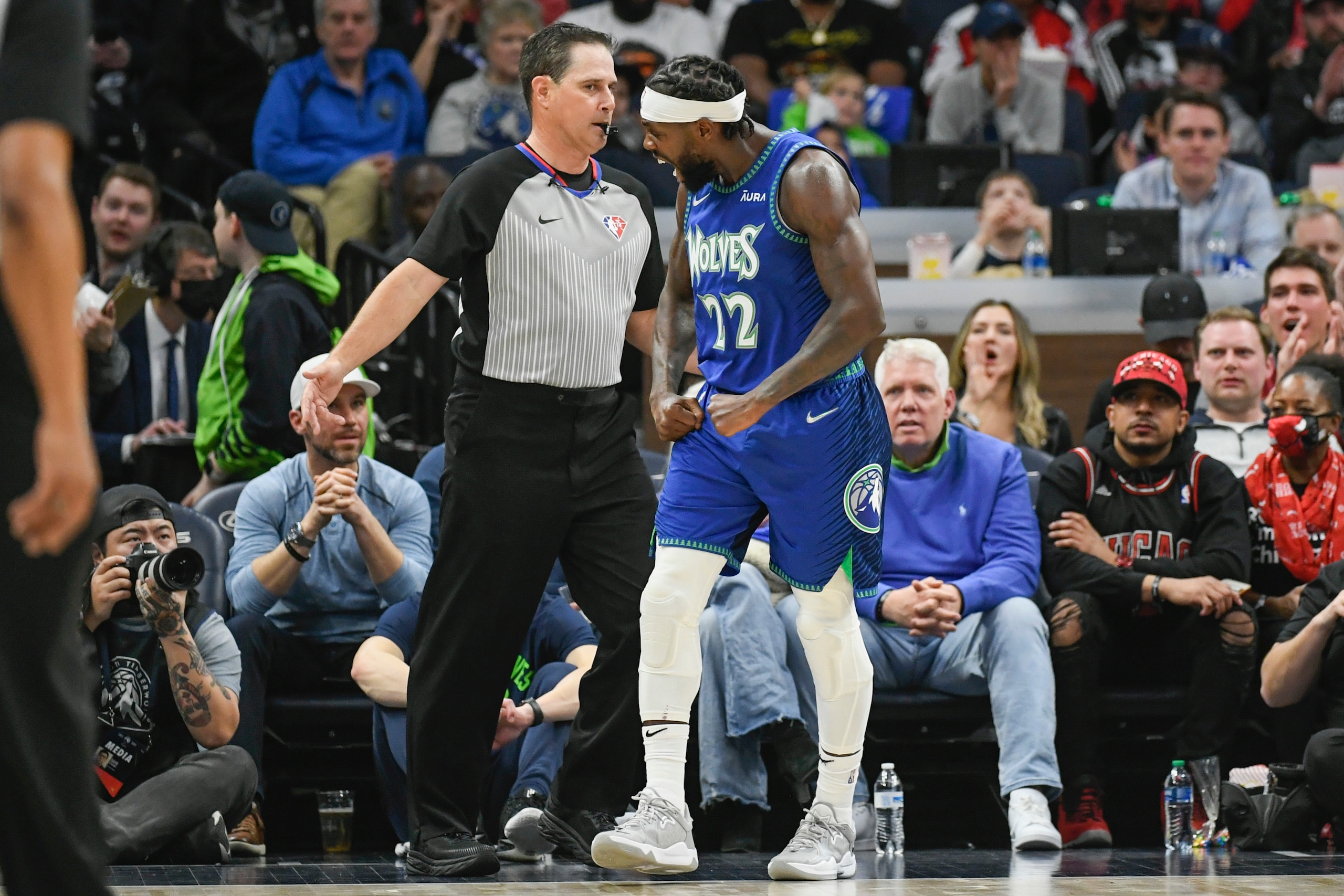 Minnesota Timberwolves guard Patrick Beverley, right, yells in front of referee David Guthrie and was called on his second technical foul that resulted in being ejected from the game after Beverley made a basket against the Chicago Bulls during the first half of an NBA basketball game Sunday, April 10, 2022, in Minneapolis. (AP Photo/Craig Lassig)
