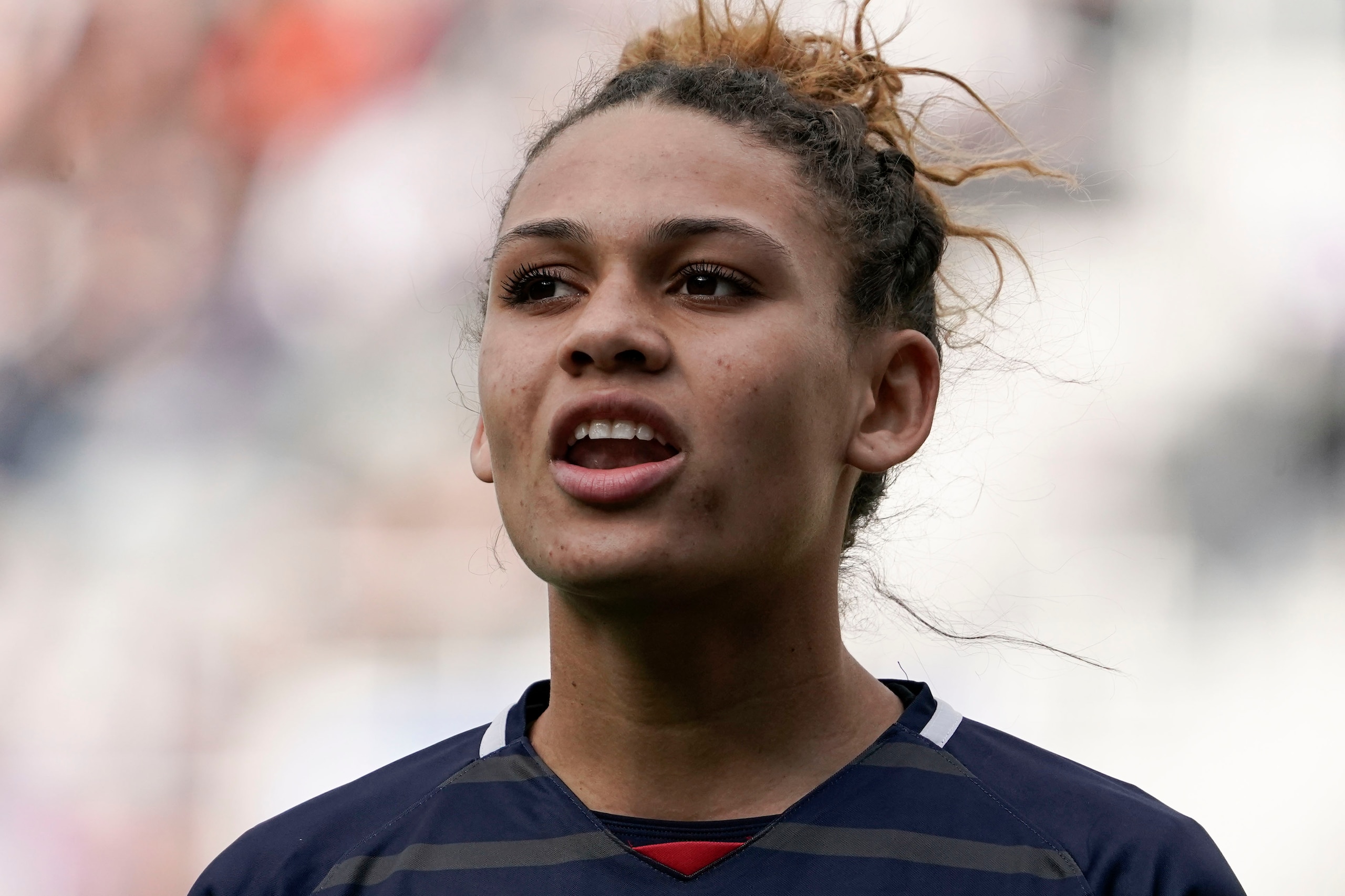 Washington Spirit forward Trinity Rodman plays during the second half of the NWSL Championship soccer match against Chicago Red Stars Saturday, Nov. 20, 2021, in Louisville, Kentucky. (AP Photo/Jeff Dean)