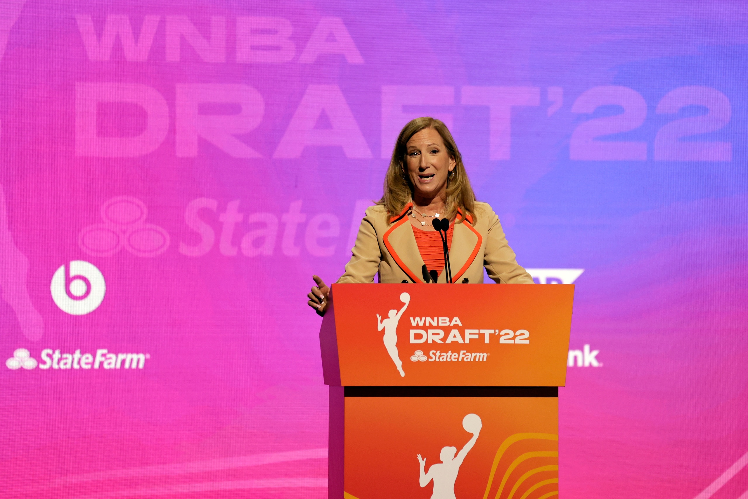 WNBA commissioner Cathy Engelbert speaks during the WNBA basketball draft, Monday, April 11, 2022, in New York. (AP Photo/Adam Hunger)