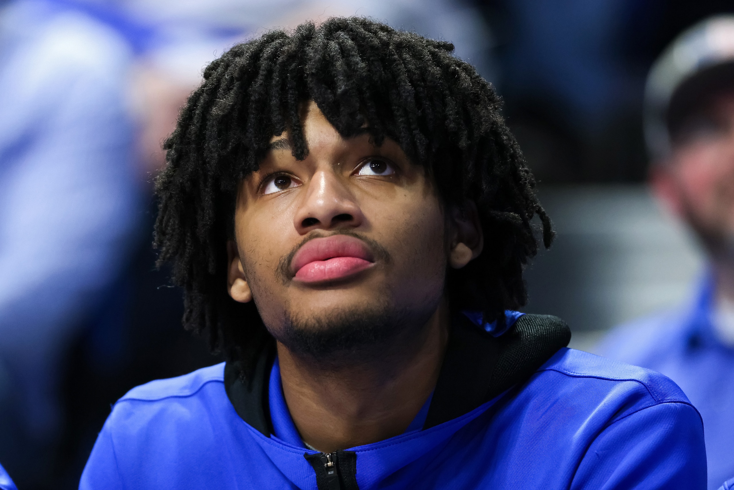 LEXINGTON, KENTUCKY - FEBRUARY 12: Shaedon Sharpe #21 of the Kentucky Wildcats looks on from the bench in the second half against the Florida Gators at Rupp Arena on February 12, 2022 in Lexington, Kentucky. (Photo by Dylan Buell/Getty Images)