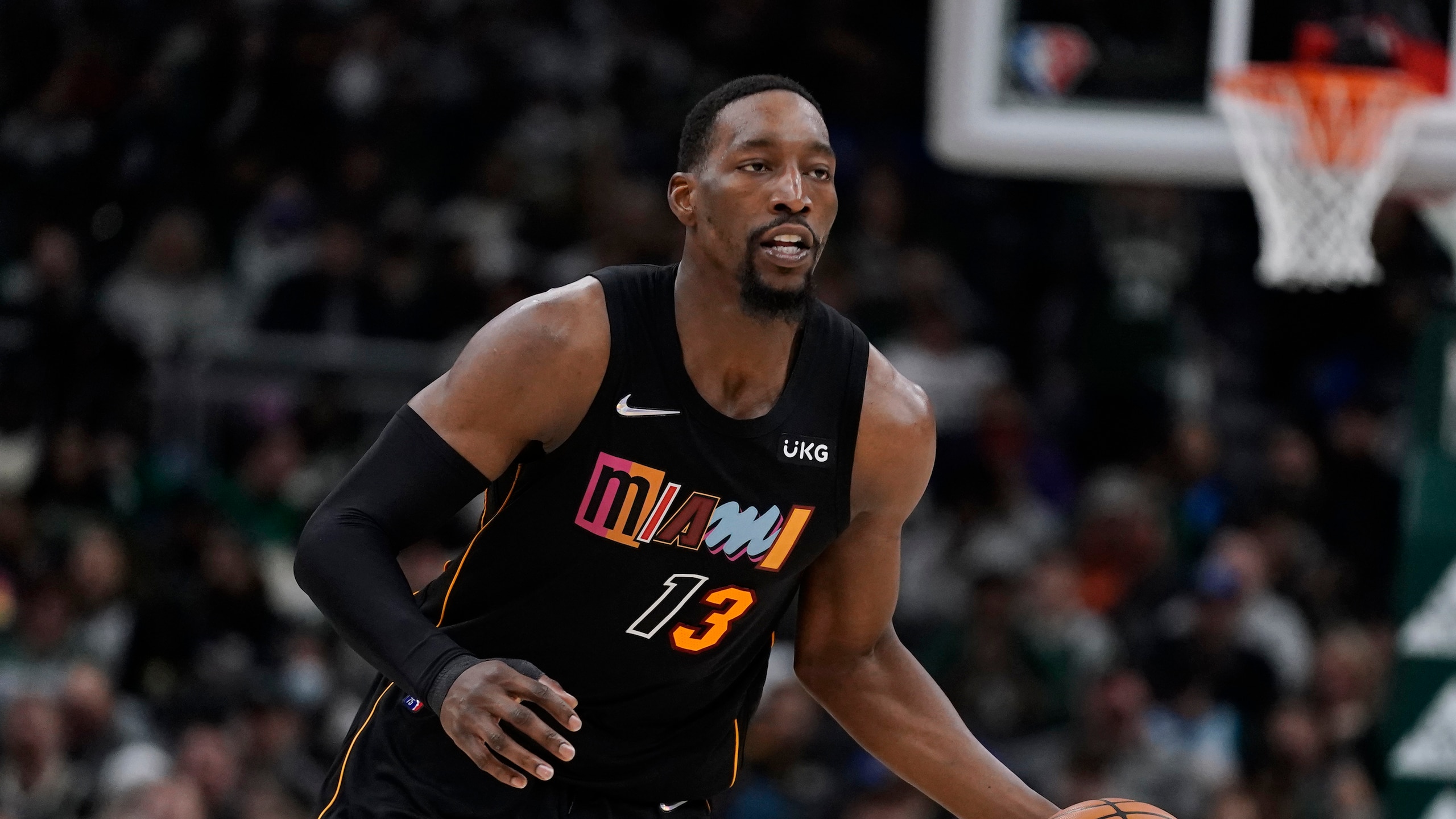 Miami Heat's Bam Adebayo during the first half of an NBA basketball game against the Milwaukee Bucks Wednesday, March 2, 2022, in Milwaukee. (AP Photo/Morry Gash)