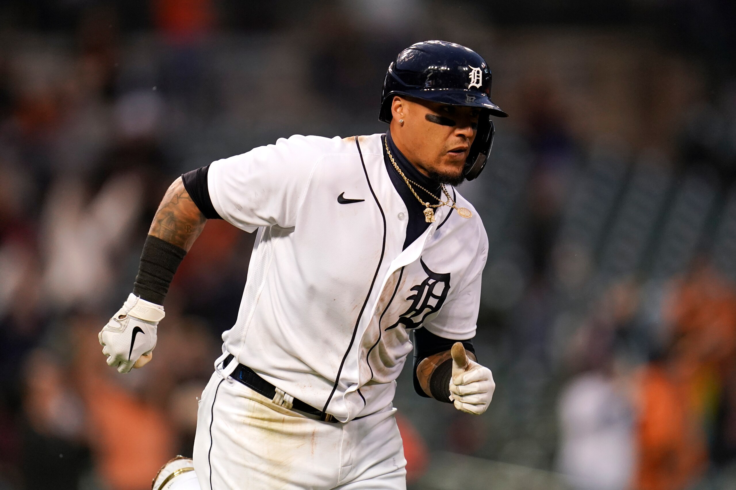 Detroit Tigers' Javier Baez runs the bases after hitting a two-run home run against the Boston Red Sox in the eighth inning of a baseball game in Detroit, Monday, April 11, 2022. (AP Photo/Paul Sancya)