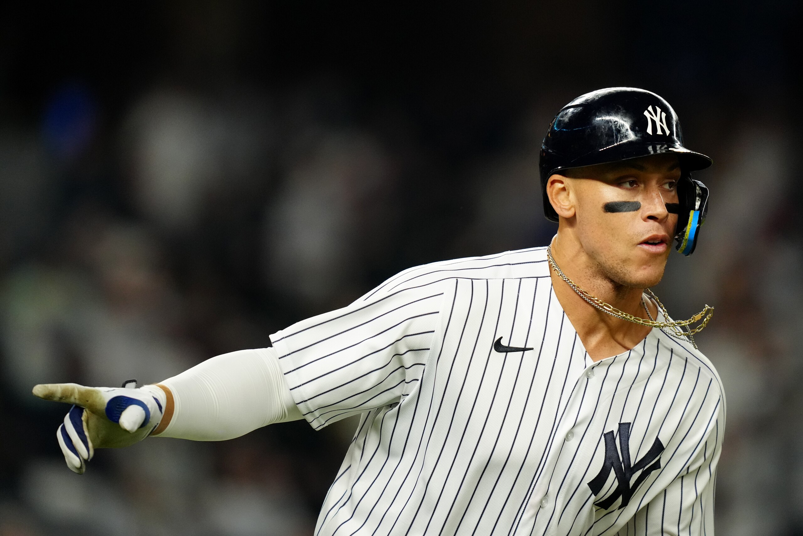 NEW YORK, NY - APRIL 13: Aaron Judge #99 of the New York Yankees reacts after a home run in the fifth inning during the game between the Toronto Blue Jays and the New York Yankees at Yankee Stadium on Wednesday, April 13, 2022 in New York, New York. (Photo by Daniel Shirey/MLB Photos via Getty Images)