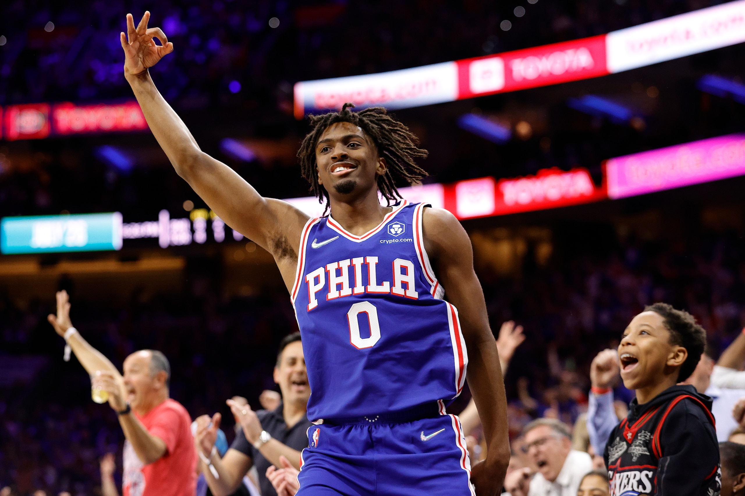 PHILADELPHIA, PENNSYLVANIA - APRIL 16: Tyrese Maxey #0 of the Philadelphia 76ers celebrates after scoring in the first quarter against the Toronto Raptors during Game One of the Eastern Conference First Round at Wells Fargo Center on April 16, 2022 in Philadelphia, Pennsylvania. NOTE TO USER: User expressly acknowledges and agrees that, by downloading and or using this photograph, User is consenting to the terms and conditions of the Getty Images License Agreement. (Photo by Tim Nwachukwu/Getty Images)