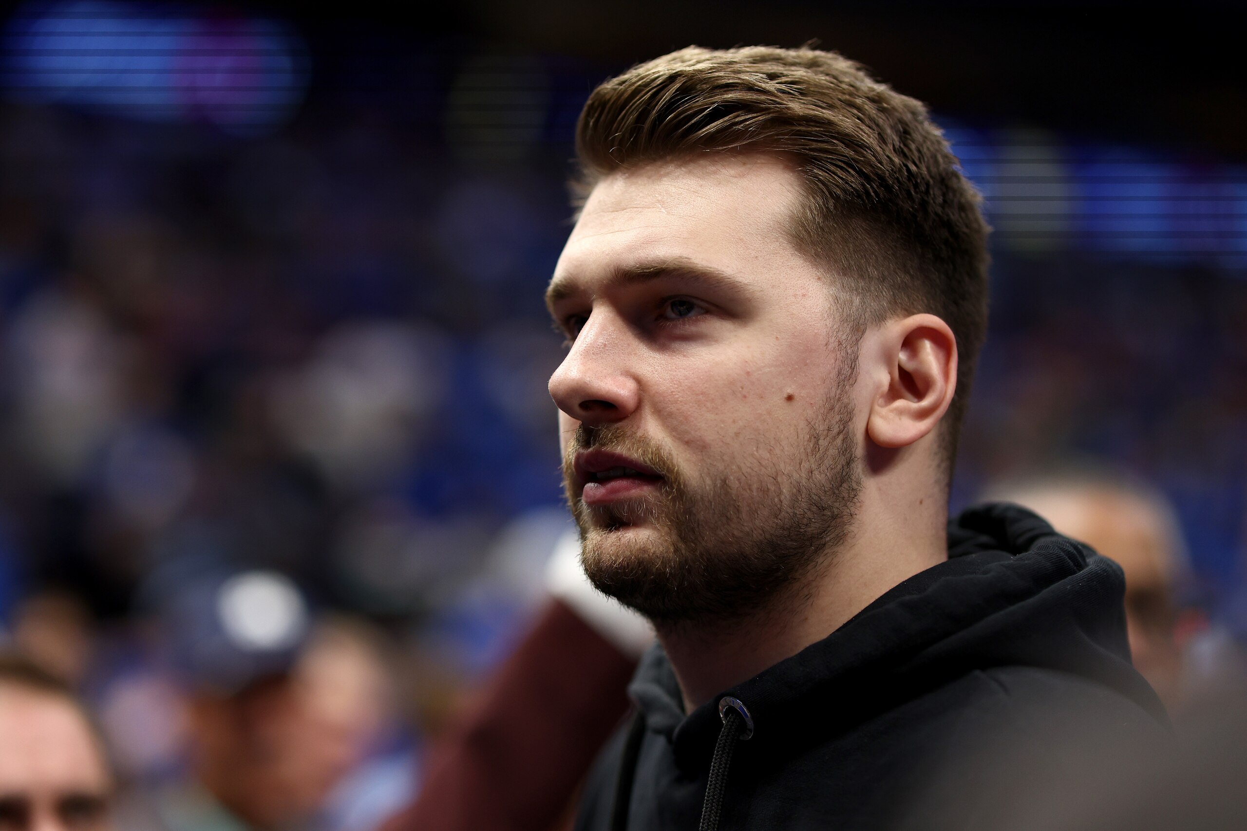 DALLAS, TEXAS - APRIL 16: Luka Doncic #77 of the Dallas Mavericks walks off the court at halftime as the Dallas Mavericks take on the Utah Jazz at American Airlines Center on April 16, 2022 in Dallas, Texas. NOTE TO USER: User expressly acknowledges and agrees that, by downloading and or using this photograph, User is consenting to the terms and conditions of the Getty Images License Agreement. (Photo by Tom Pennington/Getty Images)