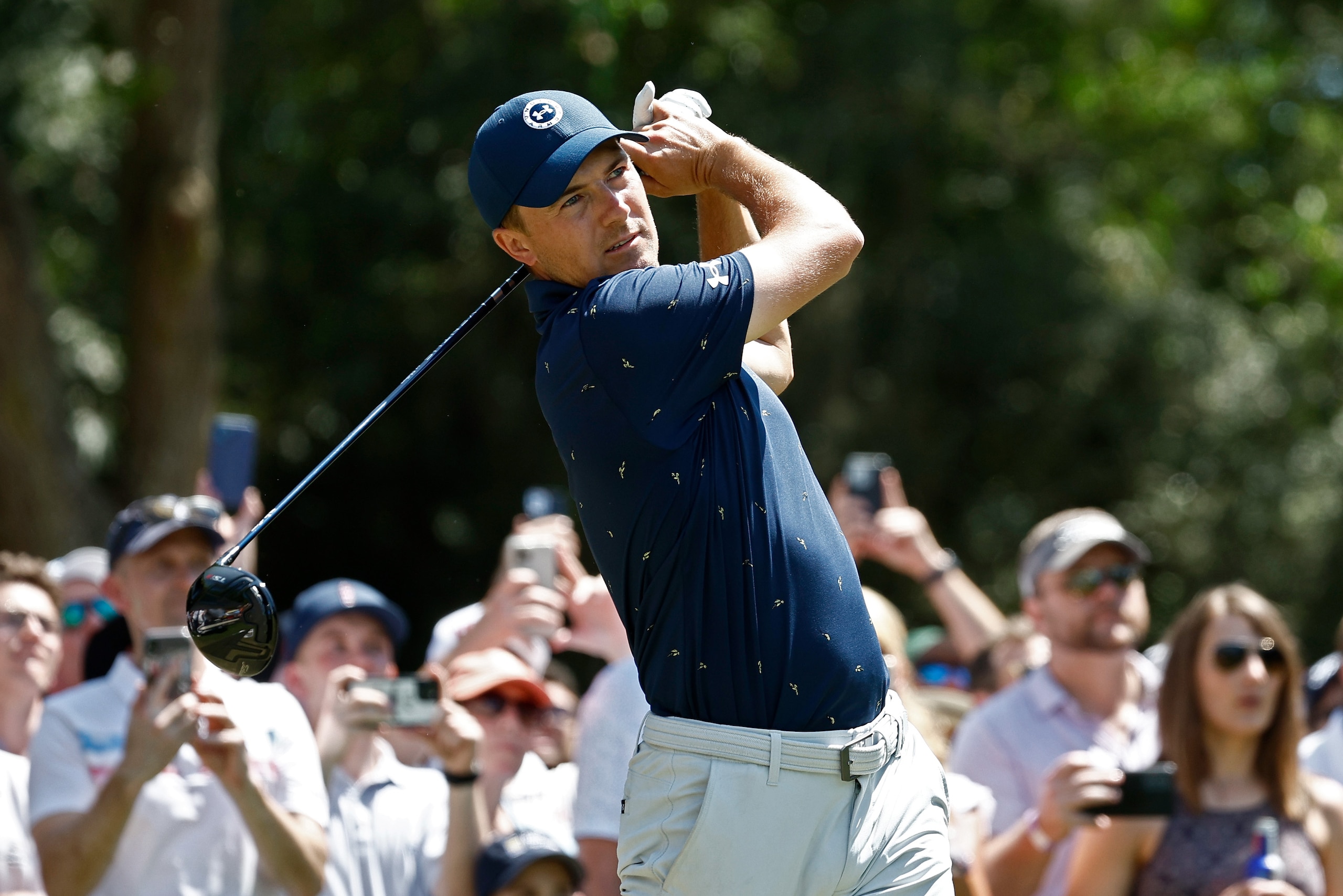 HILTON HEAD ISLAND, SOUTH CAROLINA - APRIL 17: Jordan Spieth plays his shot from the ninth tee during the final round of the RBC Heritage at Harbor Town Golf Links on April 17, 2022 in Hilton Head Island, South Carolina. (Photo by Jared C. Tilton/Getty Images)