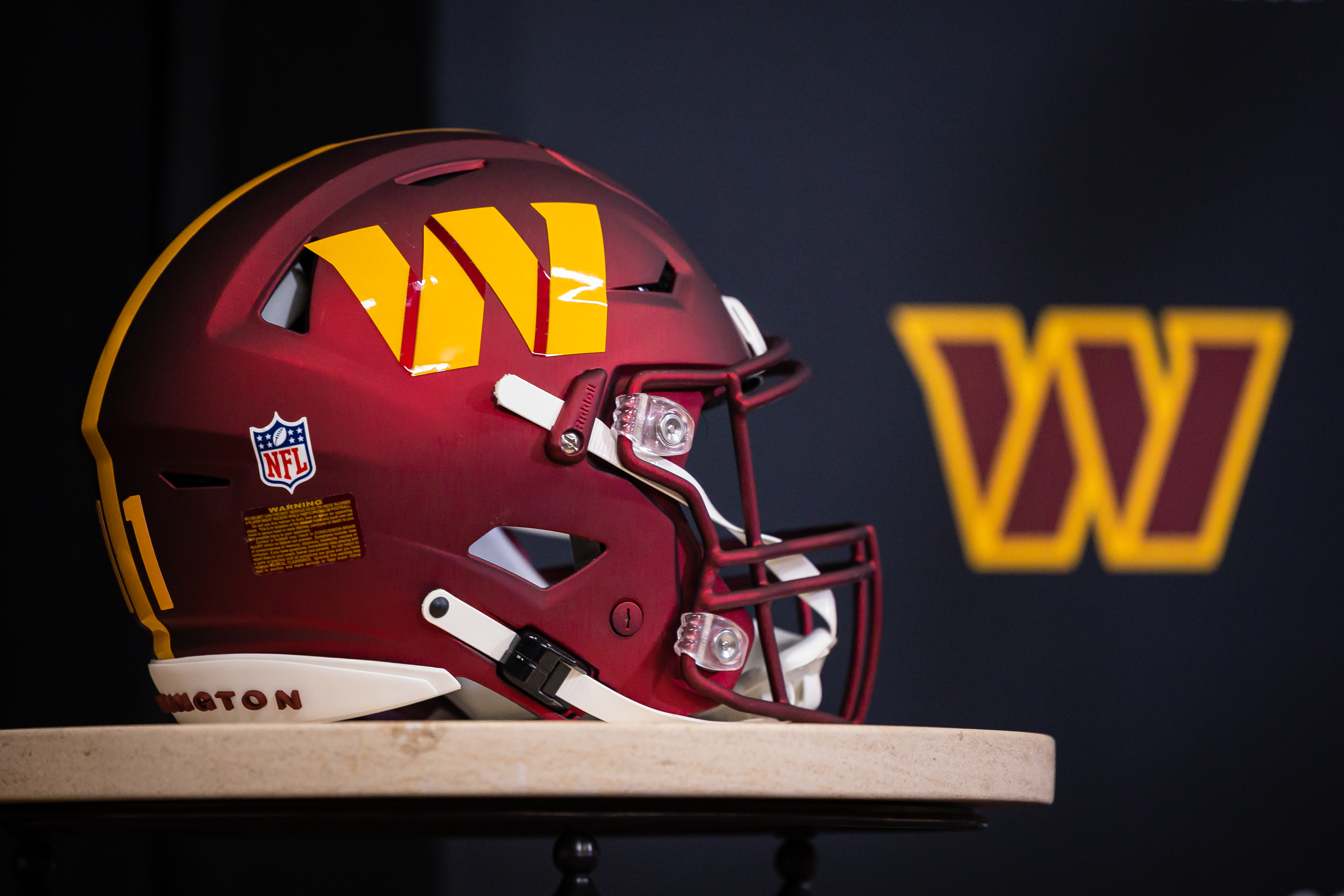 ASHBURN, VA - MARCH 17: A view of a Washington Commanders helmet on display during a press conference to introduce quarterback Carson Wentz at Inova Sports Performance Center on March 17, 2022 in Ashburn, Virginia. (Photo by Scott Taetsch/Getty Images)