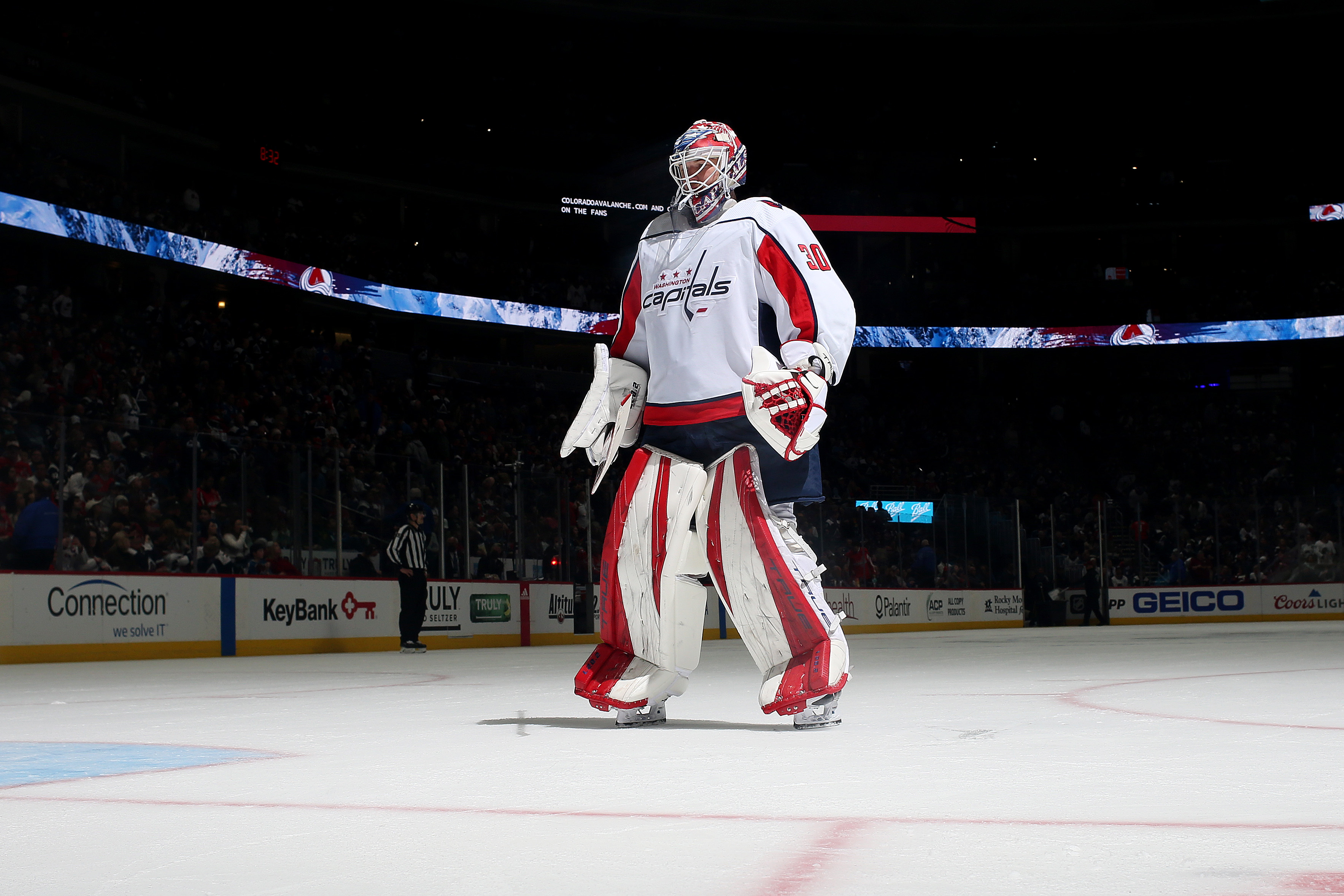 DENVER, COLORADO - APRIL 18: Ilya Samsonov #30 of the Washington Capitals skates to net during a pause in play against the Colorado Avalanche at Ball Arena on April 18, 2022 in Denver, Colorado. The Capitals defeated the Avalanche 3-2.  (Photo by Michael Martin/NHLI via Getty Images)