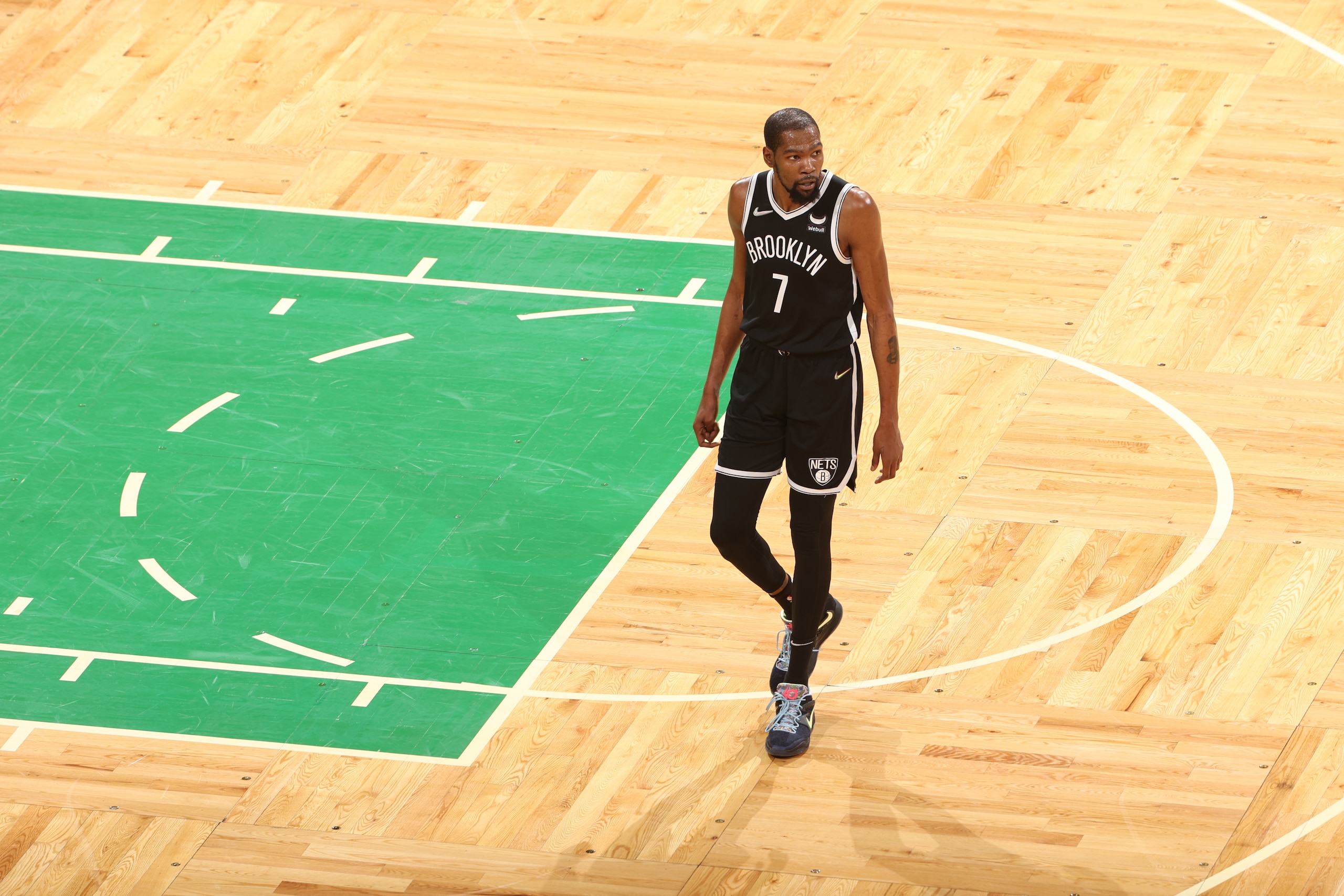BOSTON, MA - APRIL 20: Kevin Durant #7 of the Brooklyn Nets looks on against the Boston Celtics during Round 1 Game 2 of the 2022 NBA Playoffs on April 20, 2022 at the TD Garden in Boston, Massachusetts.  NOTE TO USER: User expressly acknowledges and agrees that, by downloading and or using this photograph, User is consenting to the terms and conditions of the Getty Images License Agreement. Mandatory Copyright Notice: Copyright 2022 NBAE  (Photo by Nathaniel S. Butler/NBAE via Getty Images)