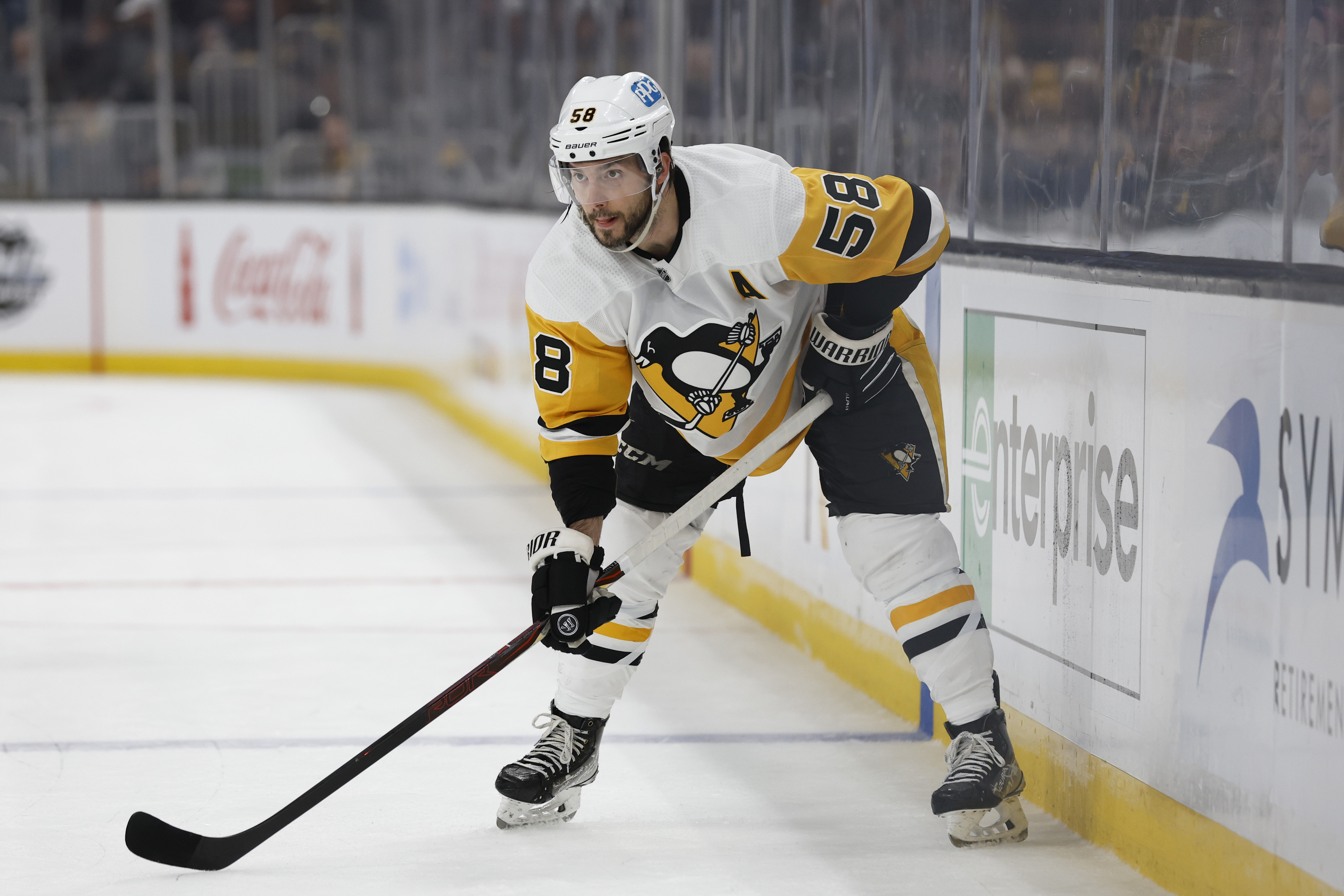 Pittsburgh Penguins' Kris Letang during the third period of an NHL hockey game against the Boston Bruins Saturday, April 16, 2022, in Boston. (AP Photo/Winslow Townson)