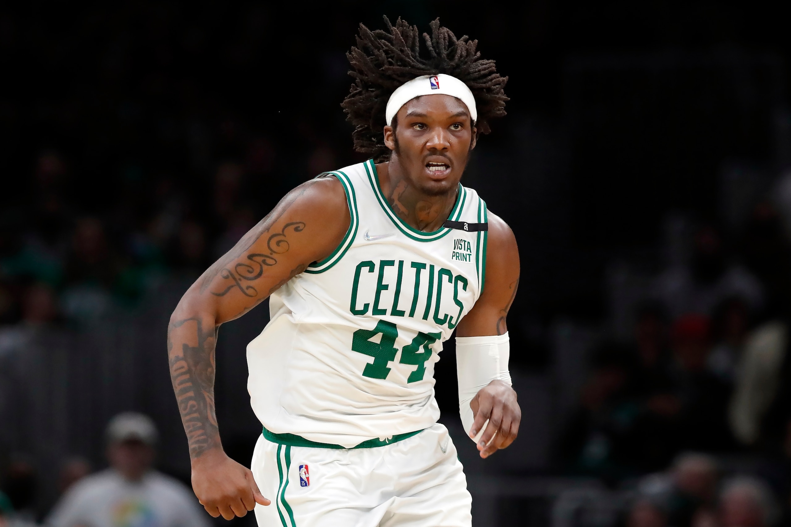 Boston Celtics' Robert Williams III plays against the Detroit Pistons during the second half of an NBA basketball game, Friday, March 11, 2022, in Boston. (AP Photo/Michael Dwyer)