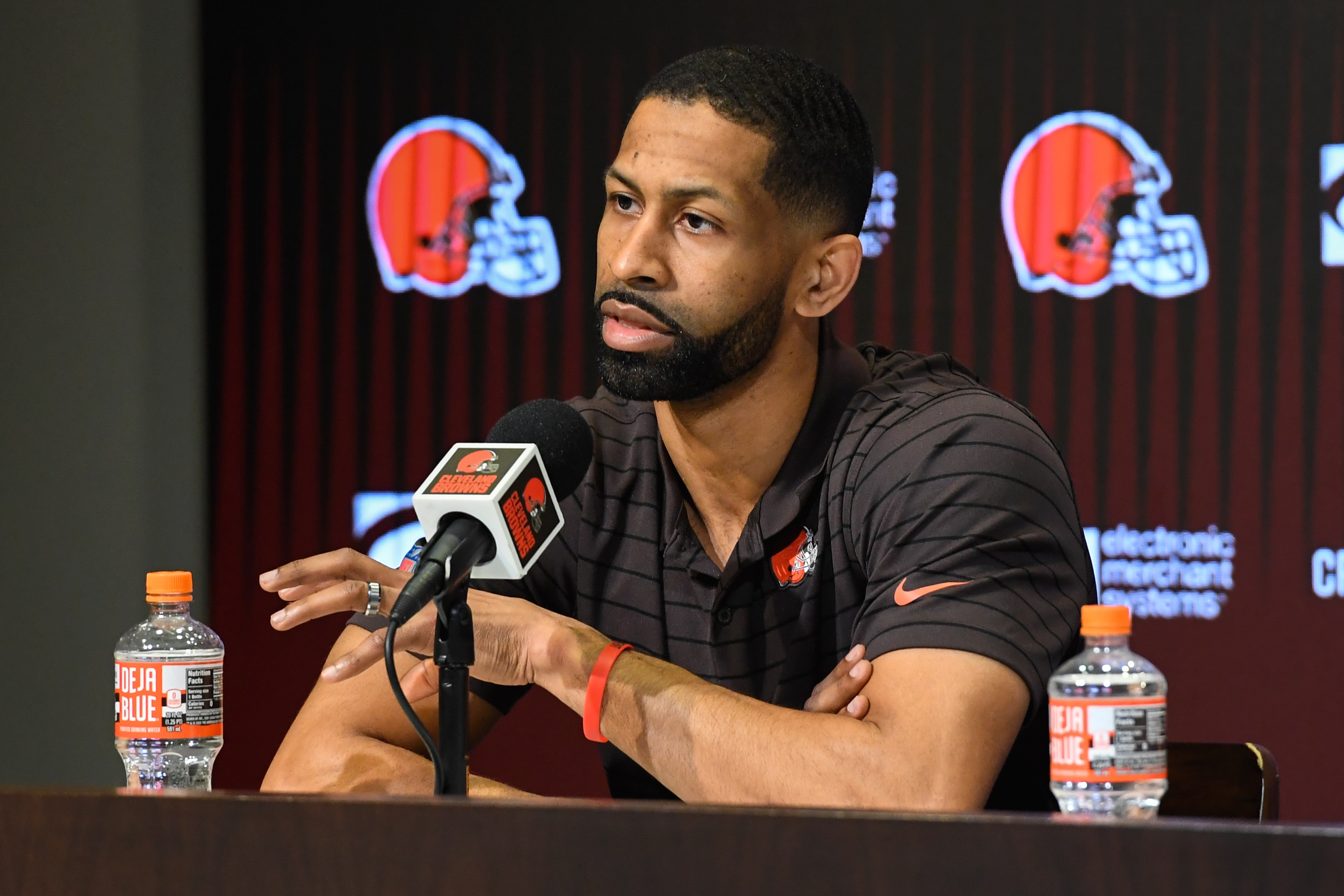 BEREA, OHIO - MARCH 25: Cleveland Browns general manager Andrew Berry speaks during a press conference at CrossCountry Mortgage Campus on March 25, 2022 in Berea, Ohio. (Photo by Nick Cammett/Getty Images)