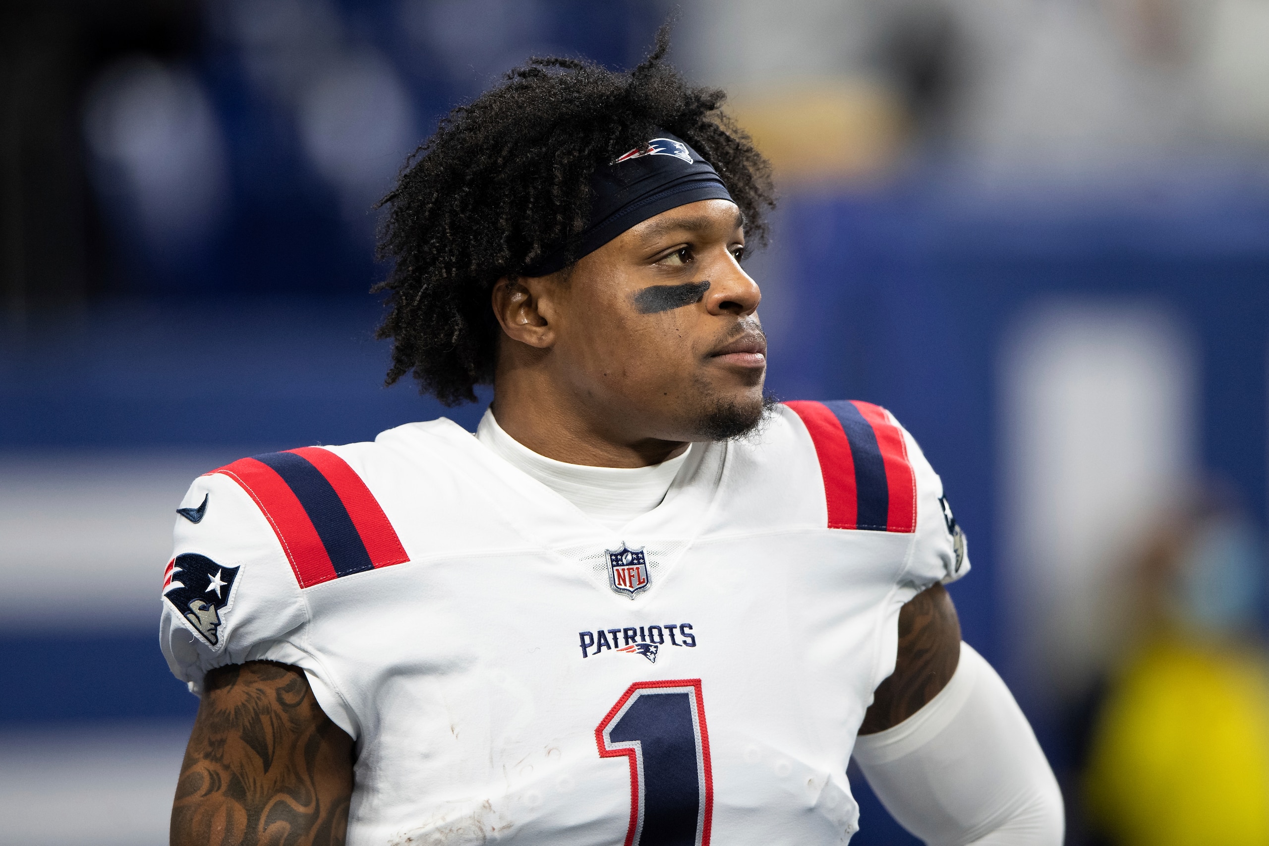 New England Patriots wide receiver N'Keal Harry (1) warms up on the field before an NFL football game against the Indianapolis Colts, Saturday, Dec. 18, 2021, in Indianapolis. (AP Photo/Zach Bolinger)