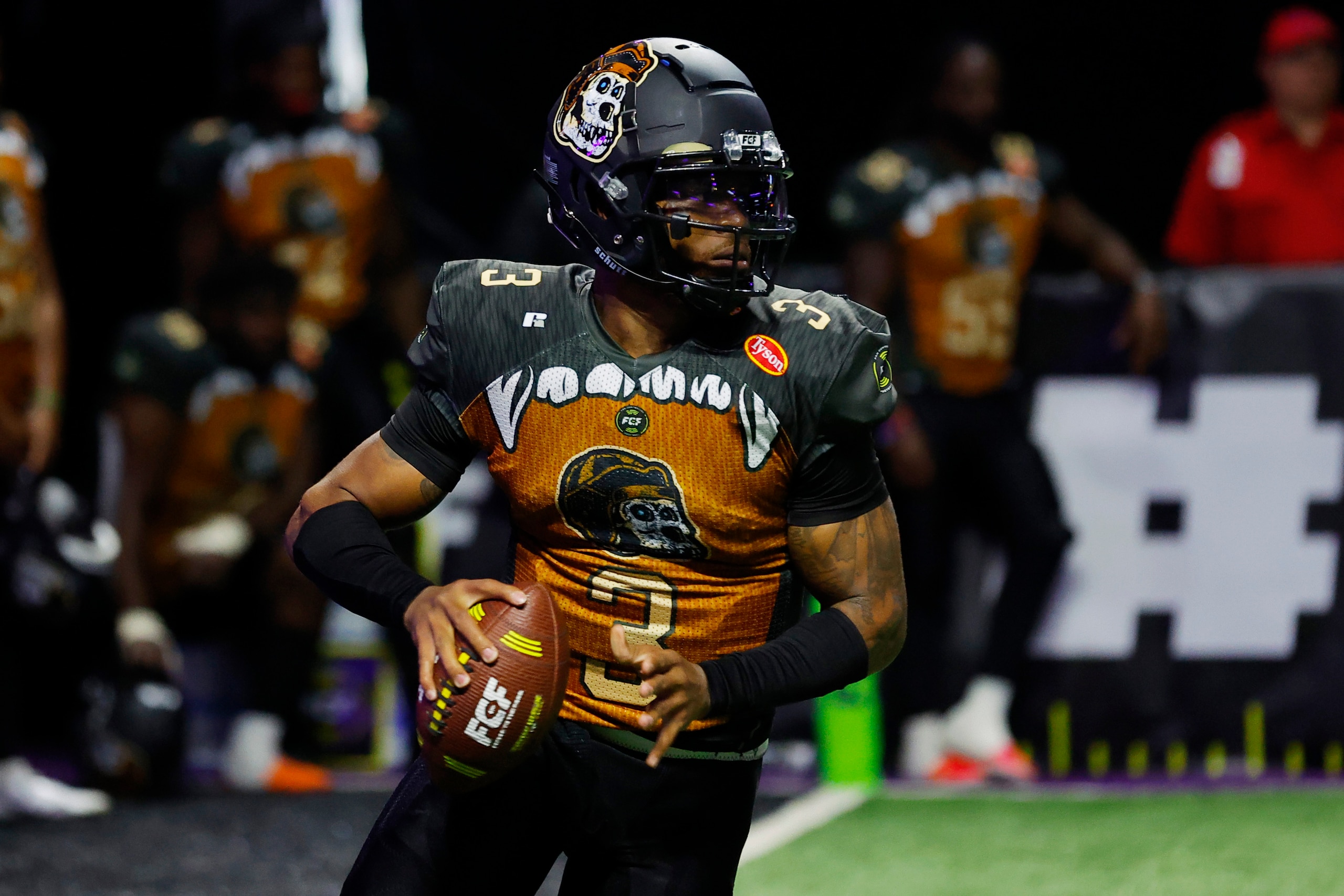 ATLANTA, GEORGIA - APRIL 16: Deondre Francois #3 of Bored Apes FC looks to pass against the Knights of Degan in the first half of the Fan Controlled Football League game on April 16, 2022 in Atlanta, Georgia. (Photo by Todd Kirkland/Fan Controlled Football/Getty Images)