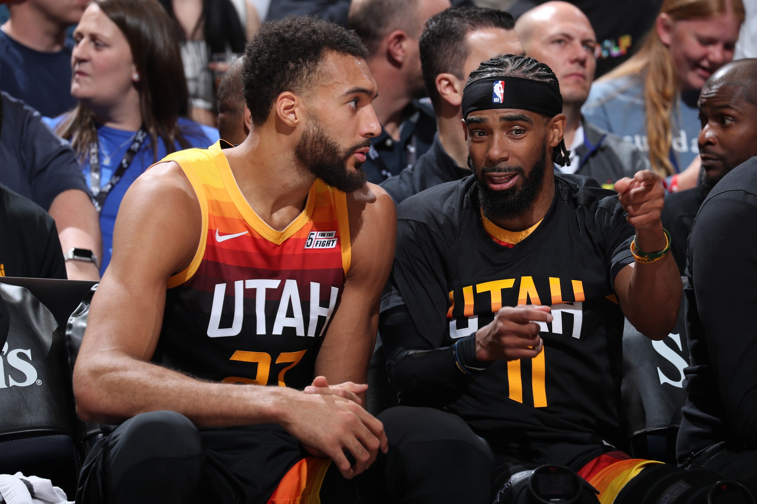 SALT LAKE CITY, UT - APRIL 8: Rudy Gobert #27 talks to Mike Conley #11 of the Utah Jazz during the game against the Phoenix Suns on April 8, 2022 at vivint.SmartHome Arena in Salt Lake City, Utah. NOTE TO USER: User expressly acknowledges and agrees that, by downloading and or using this Photograph, User is consenting to the terms and conditions of the Getty Images License Agreement. Mandatory Copyright Notice: Copyright 2022 NBAE (Photo by Melissa Majchrzak/NBAE via Getty Images) SALT LAKE CITY, UT - APRIL 8: Rudy Gobert #27 talks to Mike Conley #11 of the Utah Jazz during the game against the Phoenix Suns on April 8, 2022 at vivint.SmartHome Arena in Salt Lake City, Utah. NOTE TO USER: User expressly acknowledges and agrees that, by downloading and or using this Photograph, User is consenting to the terms and conditions of the Getty Images License Agreement. Mandatory Copyright Notice: Copyright 2022 NBAE (Photo by Melissa Majchrzak/NBAE via Getty Images)