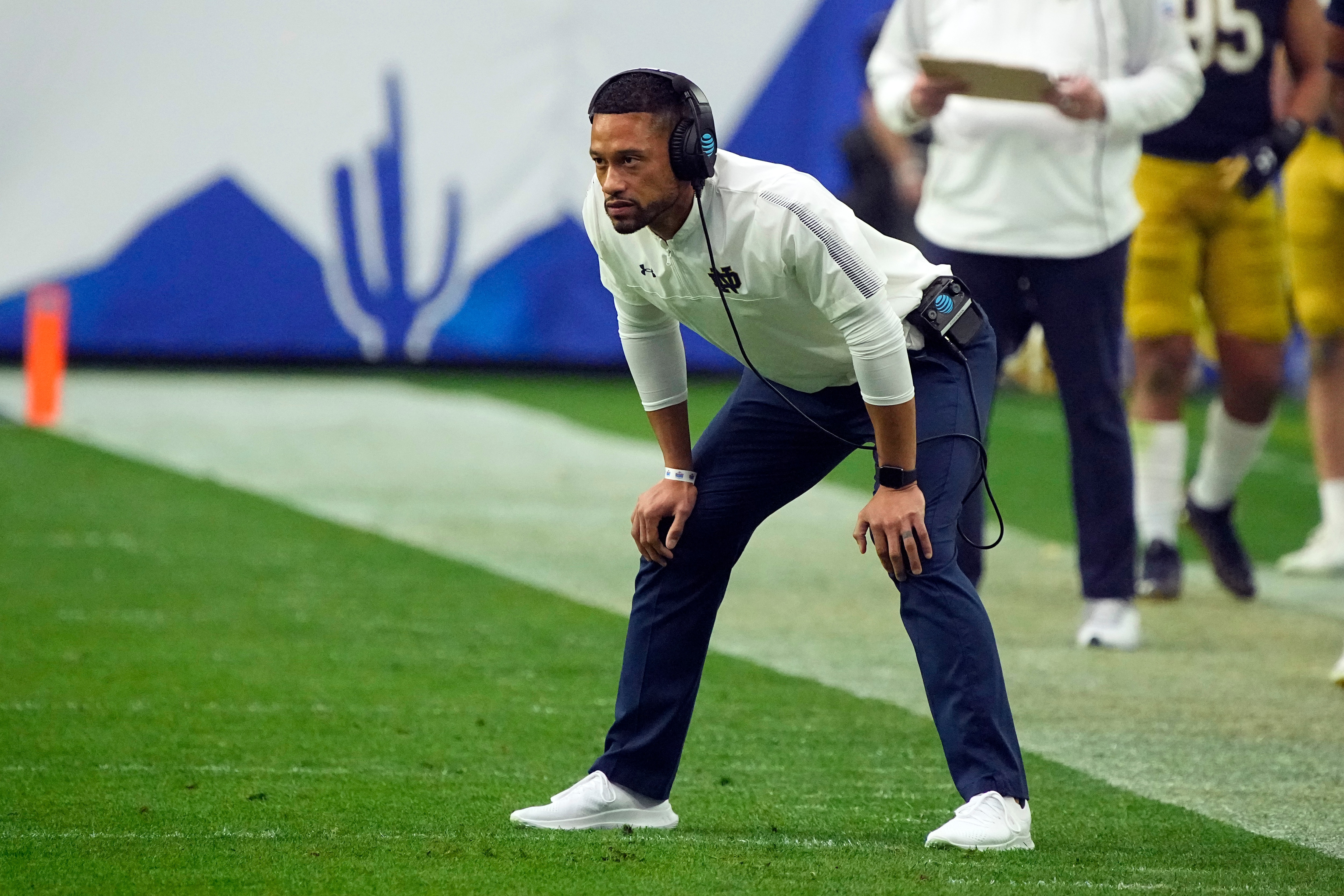 Notre Dame head coach Marcus Freeman during the second half of the Fiesta Bowl NCAA college football game against Oklahoma State, Saturday, Jan. 1, 2022, in Glendale, Ariz. (AP Photo/Rick Scuteri)