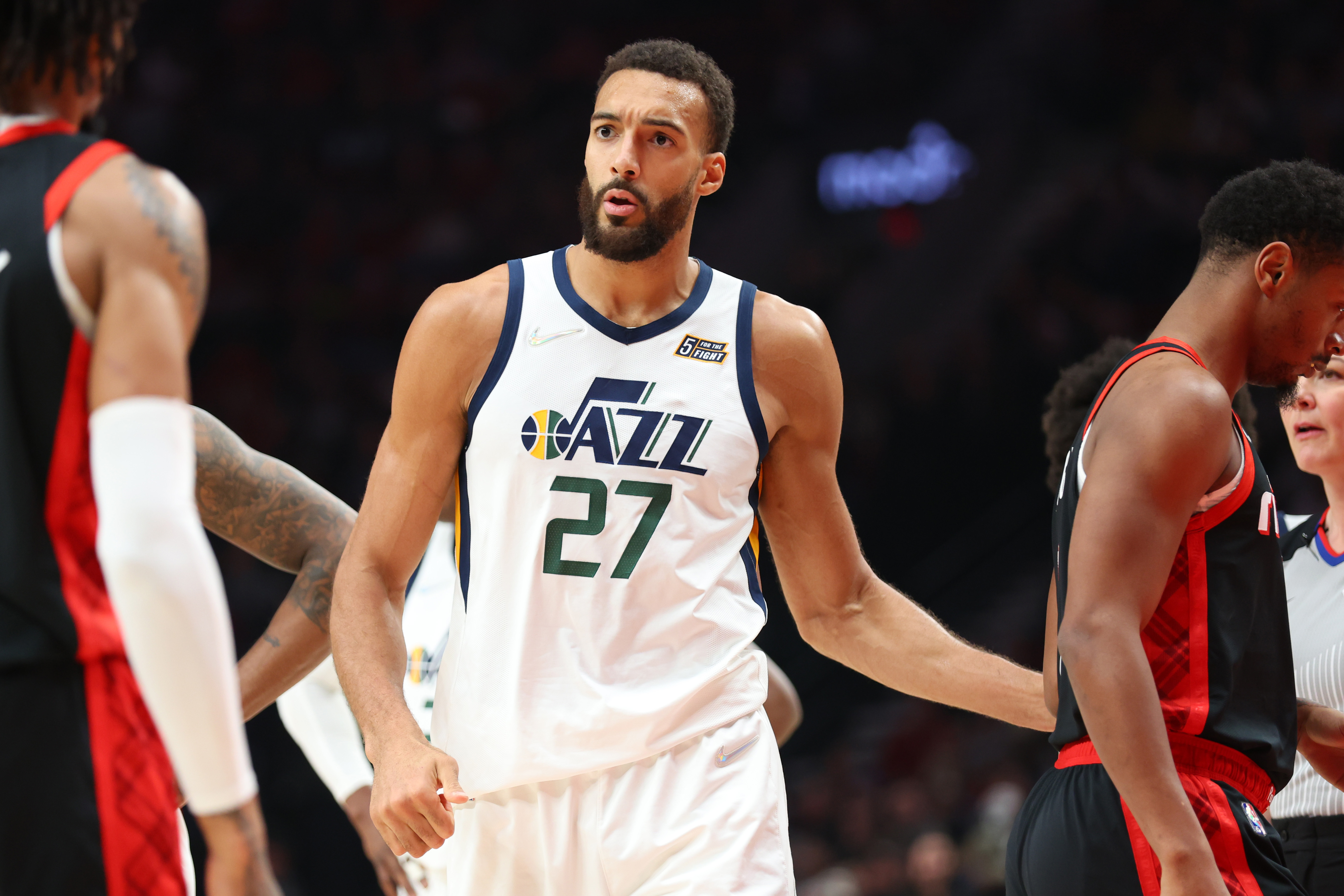 PORTLAND, OREGON - APRIL 10: Rudy Gobert #27 of the Utah Jazz reacts against the Portland Trail Blazers during the first half at Moda Center on April 10, 2022 in Portland, Oregon. NOTE TO USER: User expressly acknowledges and agrees that, by downloading and or using this photograph, User is consenting to the terms and conditions of the Getty Images License Agreement. (Photo by Abbie Parr/Getty Images) PORTLAND, OREGON - APRIL 10: Rudy Gobert #27 of the Utah Jazz reacts against the Portland Trail Blazers during the first half at Moda Center on April 10, 2022 in Portland, Oregon. NOTE TO USER: User expressly acknowledges and agrees that, by downloading and or using this photograph, User is consenting to the terms and conditions of the Getty Images License Agreement. (Photo by Abbie Parr/Getty Images)