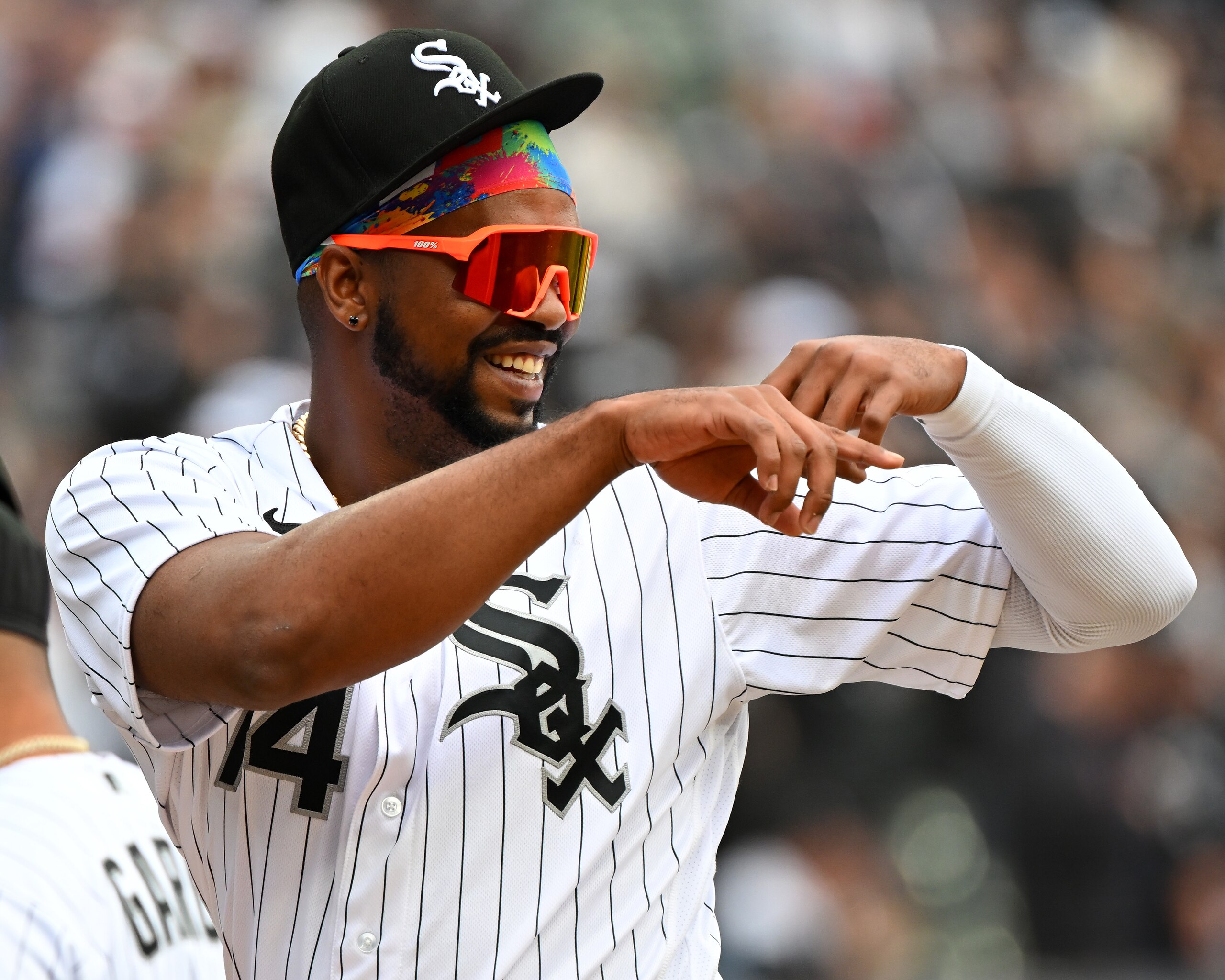 CHICAGO - APRIL 12:  Eloy Jimenez #74 of the Chicago White Sox is introduced during pregame ceremonies prior to the game against the Seattle Mariners on Opening Day at Guaranteed Rate Field on April 12, 2022 in Chicago, Illinois.  (Photo by Ron Vesely/Getty Images)