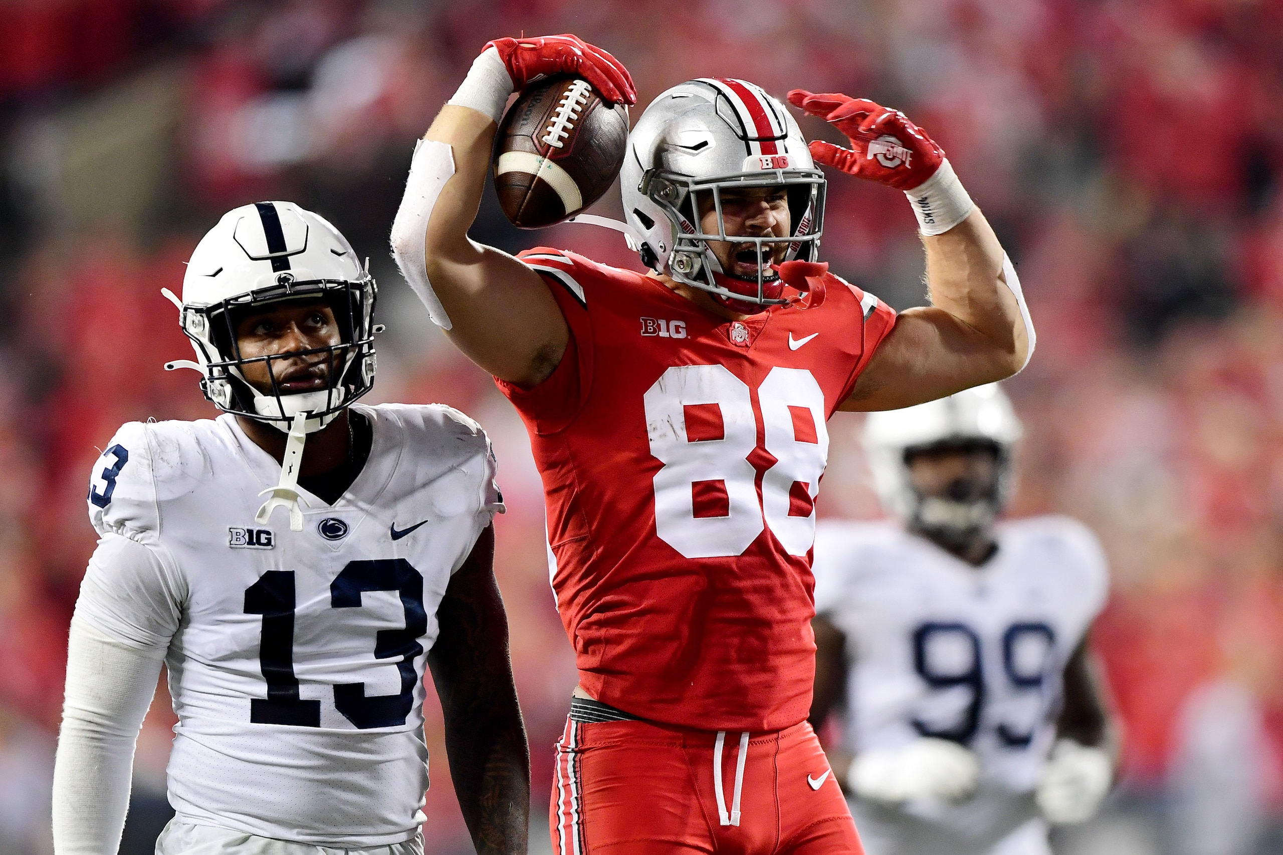 COLUMBUS, OHIO - OCTOBER 30: Jeremy Ruckert #88 of the Ohio State Buckeyes celebrates a reception during the second half of their game against the Penn State Nittany Lions at Ohio Stadium on October 30, 2021 in Columbus, Ohio. (Photo by Emilee Chinn/Getty Images)