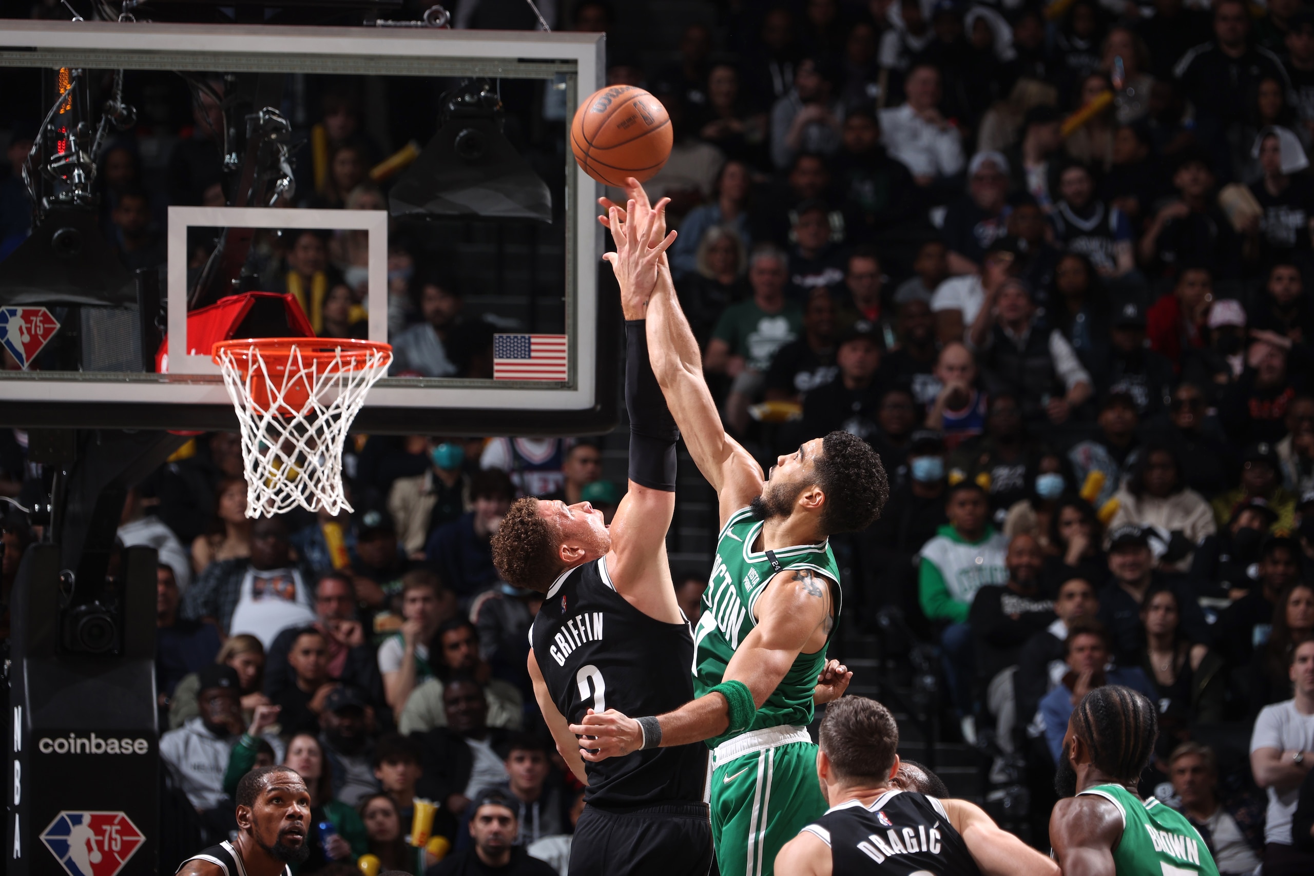 BROOKLYN, NY - APRIL 23: Blake Griffin #2 of the Brooklyn Nets and Jayson Tatum #0 of the Boston Celtics jump for a tip ball during Round 1 Game 3 of the 2022 NBA Playoffs on April 23, 2022 at Barclays Center in Brooklyn, New York. NOTE TO USER: User expressly acknowledges and agrees that, by downloading and or using this Photograph, user is consenting to the terms and conditions of the Getty Images License Agreement. Mandatory Copyright Notice: Copyright 2022 NBAE (Photo by Nathaniel S. Butler/NBAE via Getty Images) BROOKLYN, NY - APRIL 23: Blake Griffin #2 of the Brooklyn Nets and Jayson Tatum #0 of the Boston Celtics jump for a tip ball during Round 1 Game 3 of the 2022 NBA Playoffs on April 23, 2022 at Barclays Center in Brooklyn, New York. NOTE TO USER: User expressly acknowledges and agrees that, by downloading and or using this Photograph, user is consenting to the terms and conditions of the Getty Images License Agreement. Mandatory Copyright Notice: Copyright 2022 NBAE (Photo by Nathaniel S. Butler/NBAE via Getty Images)