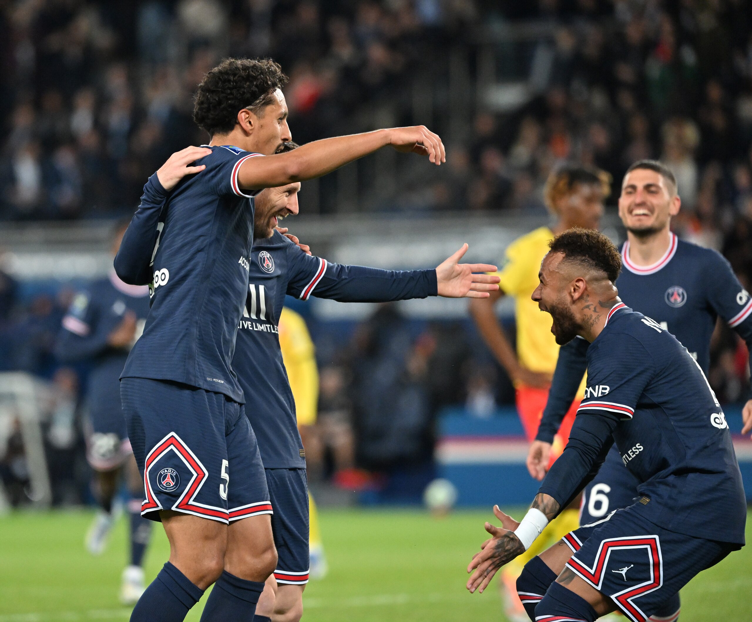 PARIS, FRANCE - APRIL 23: Lionel Messi (C)of Paris Saint-Germain celebrates his score with his teammates Marquinhos (L) and Neymar (R) during the French L1 football match between Paris Saint-Germain (PSG) and RC Lens at Parc des Princes stadium in Paris, France on April 23, 2022 (Photo by Mustafa Yalcin/Anadolu Agency via Getty Images) PARIS, FRANCE - APRIL 23: Lionel Messi (C)of Paris Saint-Germain celebrates his score with his teammates Marquinhos (L) and Neymar (R) during the French L1 football match between Paris Saint-Germain (PSG) and RC Lens at Parc des Princes stadium in Paris, France on April 23, 2022 (Photo by Mustafa Yalcin/Anadolu Agency via Getty Images)