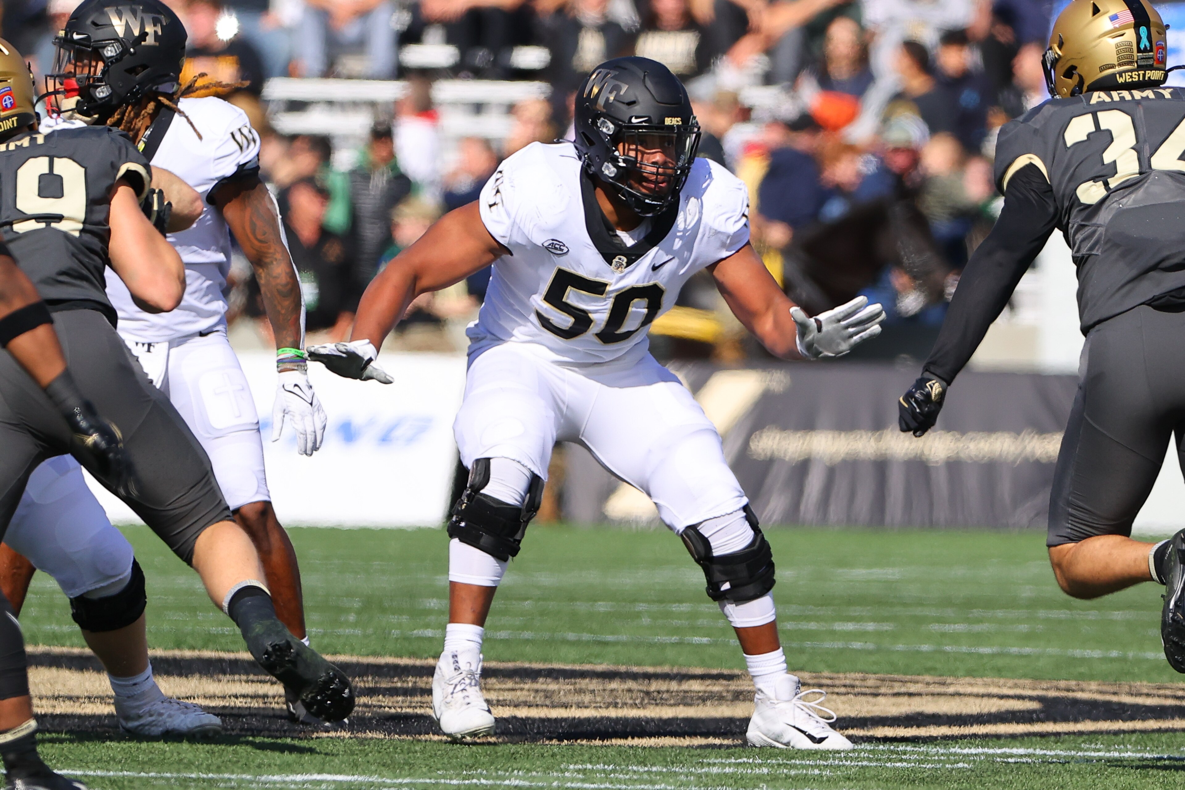 WEST POINT, NY - OCTOBER 23: Wake Forest Demon Deacons offensive lineman Zach Tom (50) during the college football game between the Army Black Knights and the Wake Forest Demon Deacons on October 23, 2021 at Michie Stdium in West Point, NY(Photo by Rich Graessle/Icon Sportswire via Getty Images) WEST POINT, NY - OCTOBER 23: Wake Forest Demon Deacons offensive lineman Zach Tom (50) during the college football game between the Army Black Knights and the Wake Forest Demon Deacons on October 23, 2021 at Michie Stdium in West Point, NY(Photo by Rich Graessle/Icon Sportswire via Getty Images)