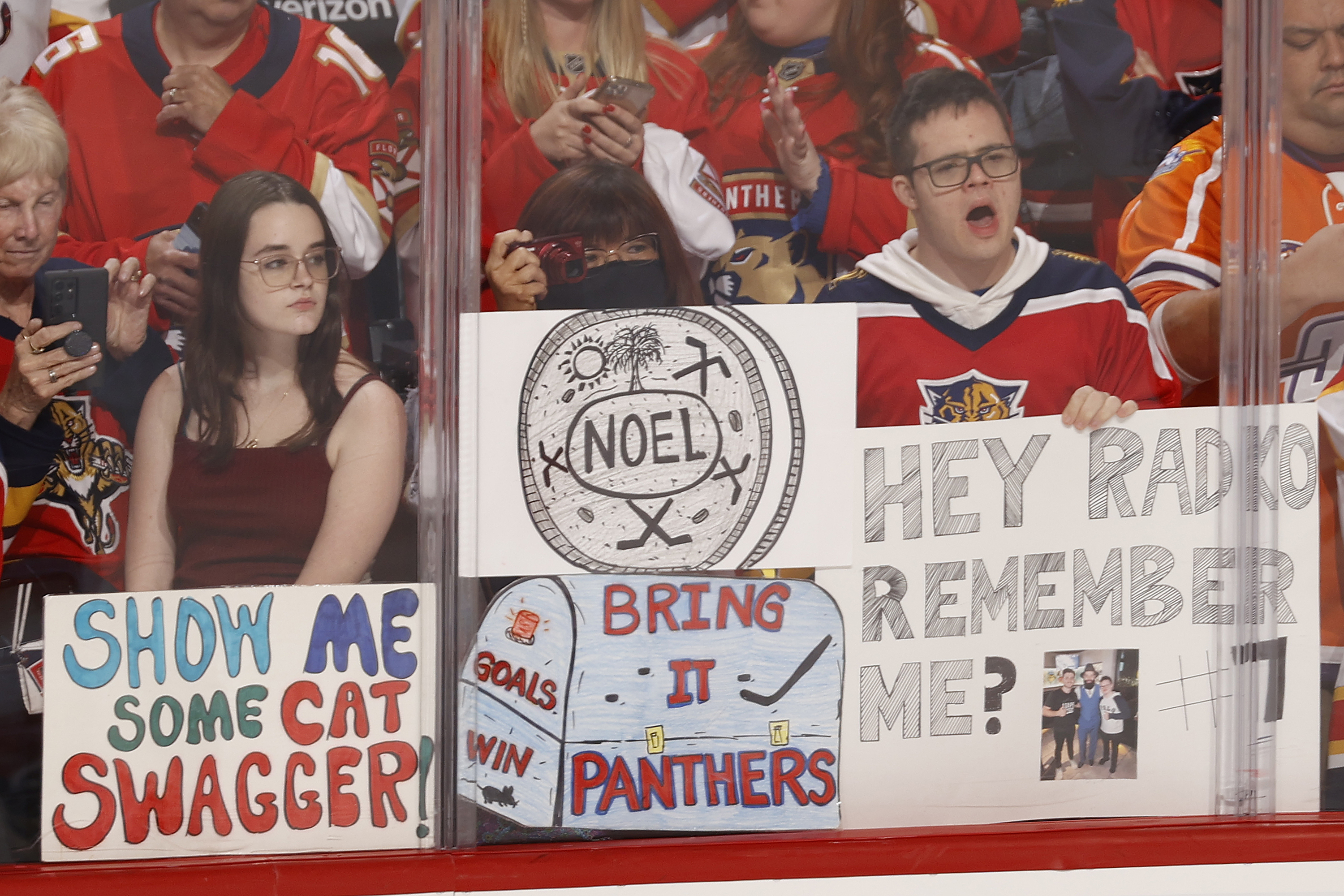 SUNRISE, FL - APRIL 23: Florida Panthers fans hold signs up prior to the game against the Toronto Maple Leafs at the FLA Live Arena on April 23, 2022 in Sunrise, Florida. (Photo by Joel Auerbach/Getty Images)