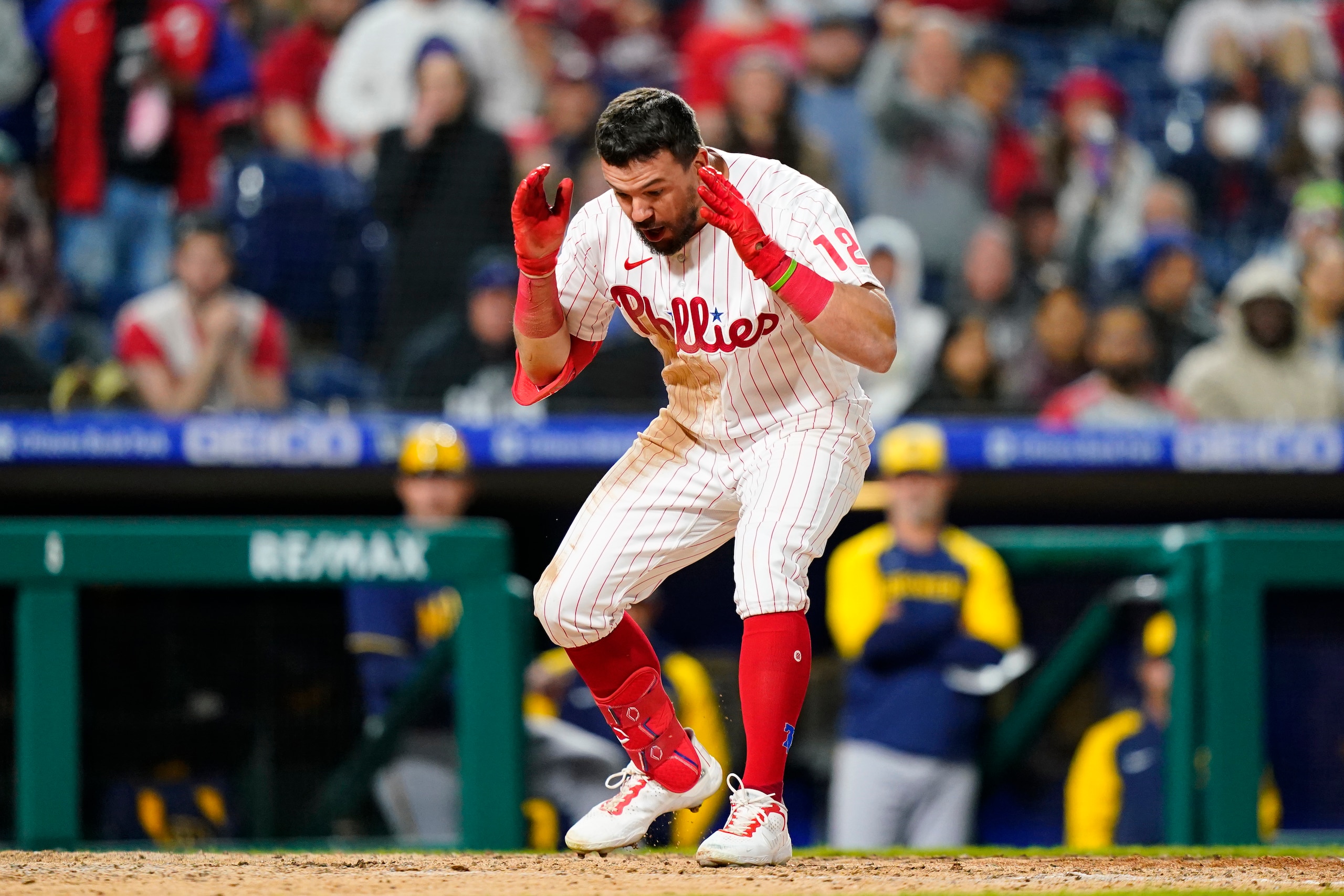 Philadelphia Phillies' Kyle Schwarber reacts after striking out against Milwaukee Brewers pitcher Josh Hader during the ninth inning of a baseball game, Sunday, April 24, 2022, in Philadelphia. (AP Photo/Matt Slocum) Philadelphia Phillies' Kyle Schwarber reacts after striking out against Milwaukee Brewers pitcher Josh Hader during the ninth inning of a baseball game, Sunday, April 24, 2022, in Philadelphia. (AP Photo/Matt Slocum)