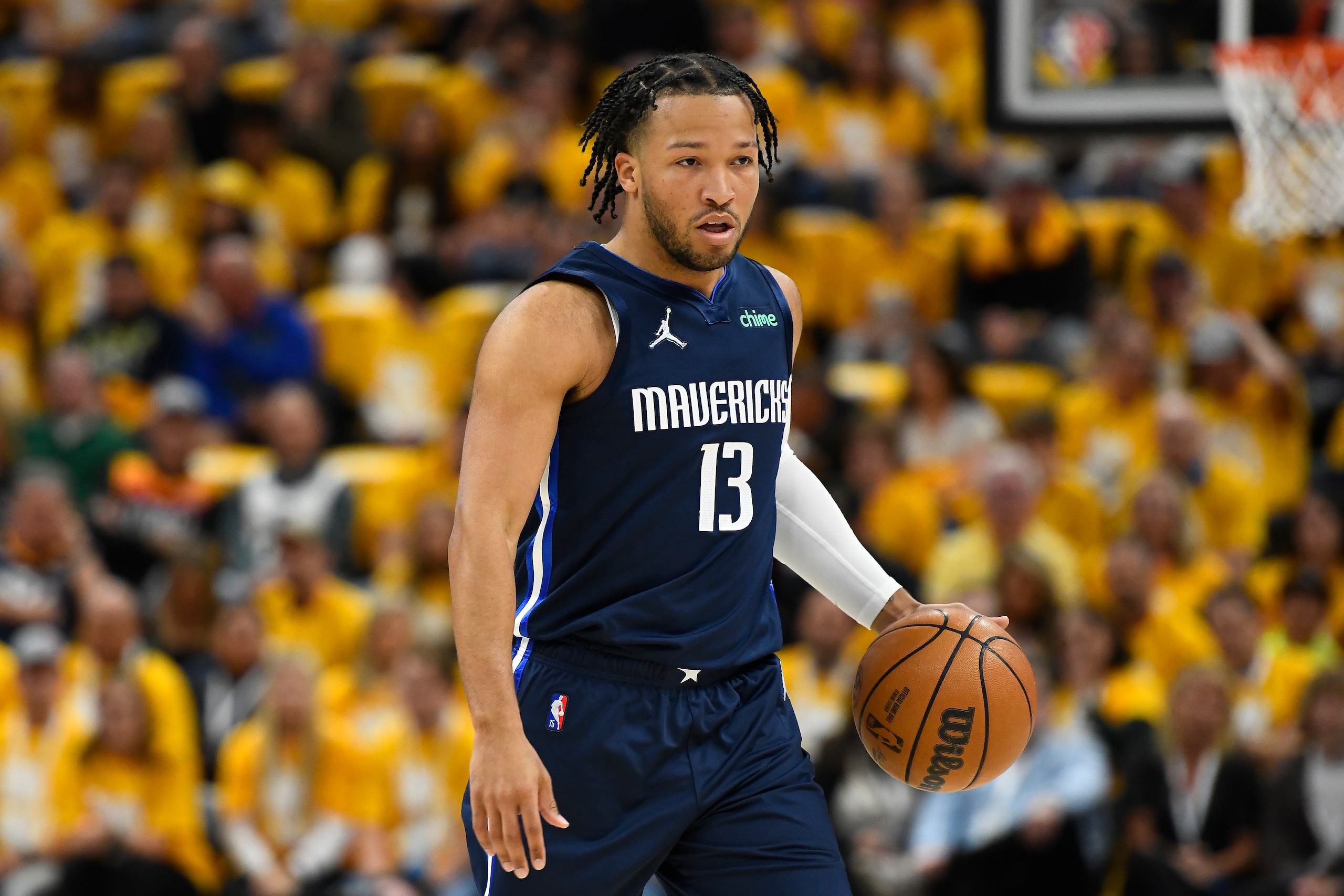 SALT LAKE CITY, UTAH - APRIL 23: Jalen Brunson #13 of the Dallas Mavericks in action during the first half of Game Four against the Utah Jazz of the Western Conference First Round Playoffs at Vivint Smart Home Arena on April 23, 2022 in Salt Lake City, Utah. NOTE TO USER: User expressly acknowledges and agrees that, by downloading and/or using this Photograph, user is consenting to the terms and conditions of the Getty Images License Agreement. (Photo by Alex Goodlett/Getty Images)