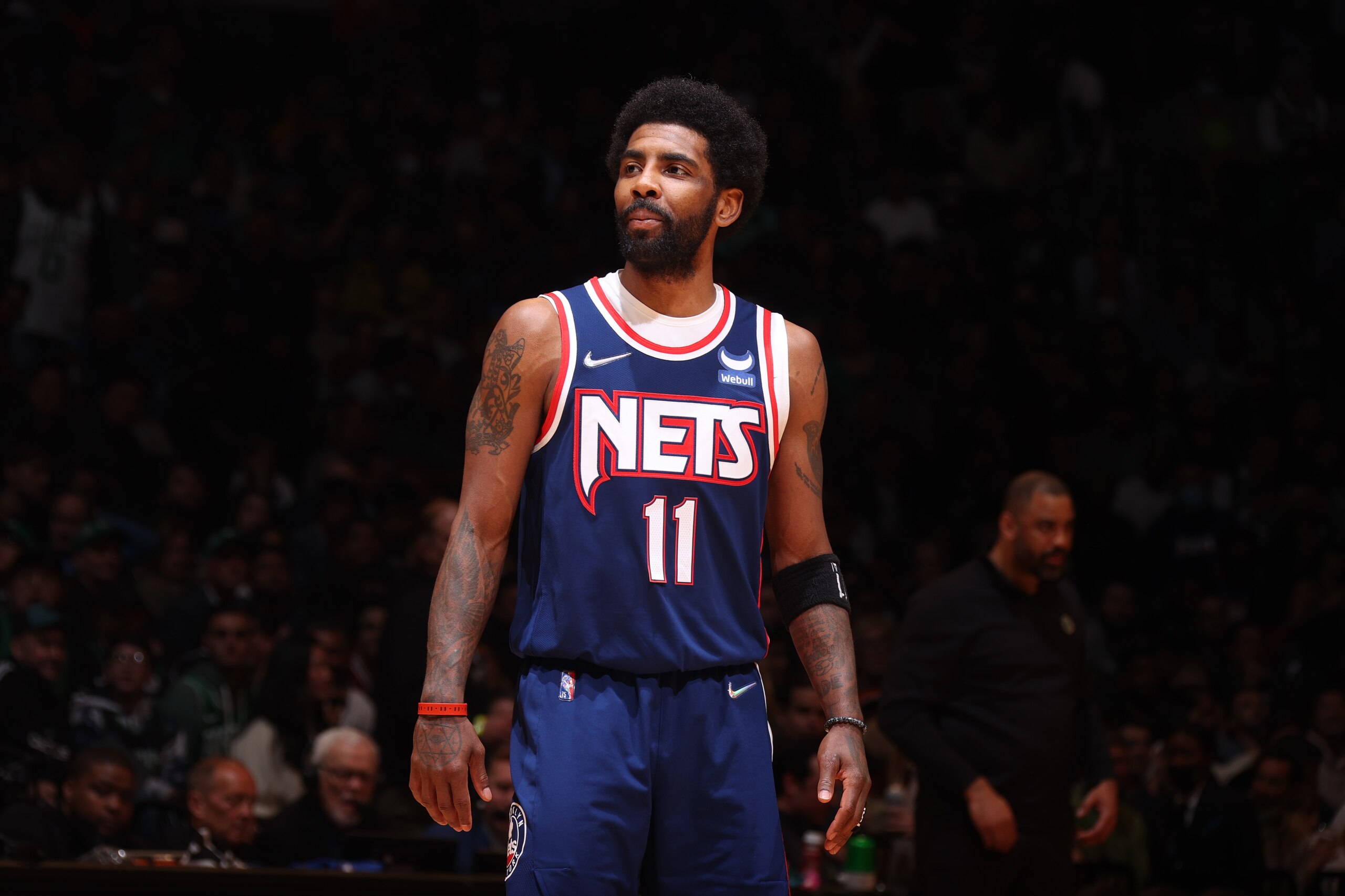 BROOKLYN, NY - APRIL 25: Kyrie Irving #11 of the Brooklyn Nets smiles during Round 1 Game 4 of the 2022 NBA Playoffs on April 25, 2022 at Barclays Center in Brooklyn, New York. NOTE TO USER: User expressly acknowledges and agrees that, by downloading and or using this Photograph, user is consenting to the terms and conditions of the Getty Images License Agreement. Mandatory Copyright Notice: Copyright 2022 NBAE (Photo by Nathaniel S. Butler/NBAE via Getty Images) BROOKLYN, NY - APRIL 25: Kyrie Irving #11 of the Brooklyn Nets smiles during Round 1 Game 4 of the 2022 NBA Playoffs on April 25, 2022 at Barclays Center in Brooklyn, New York. NOTE TO USER: User expressly acknowledges and agrees that, by downloading and or using this Photograph, user is consenting to the terms and conditions of the Getty Images License Agreement. Mandatory Copyright Notice: Copyright 2022 NBAE (Photo by Nathaniel S. Butler/NBAE via Getty Images)