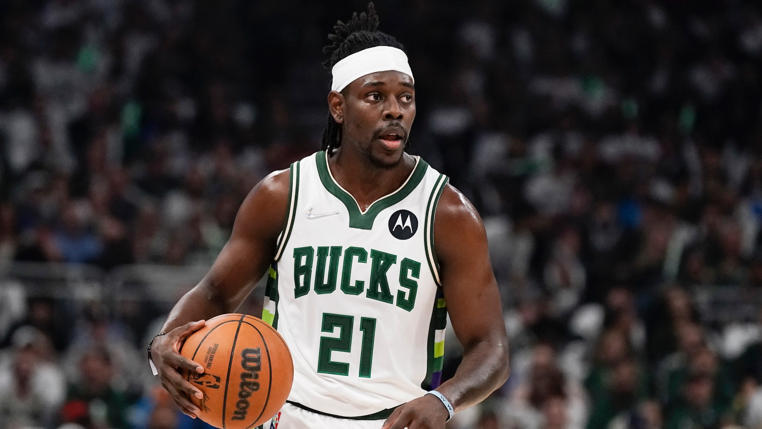Milwaukee Bucks' Jrue Holiday during the first half of Game 2 of their first round NBA playoff basketball game against the Chicago Bulls Wednesday, April 20, 2022, in Milwaukee. (AP Photo/Morry Gash)