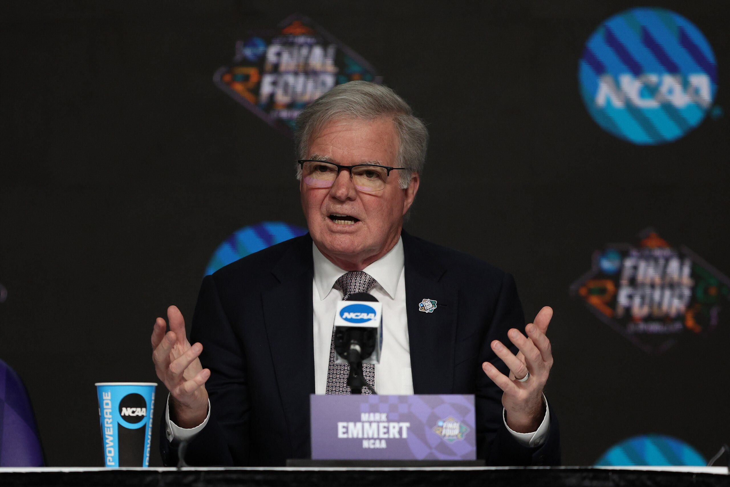NEW ORLEANS, LOUISIANA - MARCH 31: NCAA President Dr. Mark Emmert speaks during a press conference before the 2022 NCAA Men's Basketball Tournament Final Four at Caesars Superdome on March 31, 2022 in New Orleans, Louisiana. (Photo by Tom Pennington/Getty Images)
