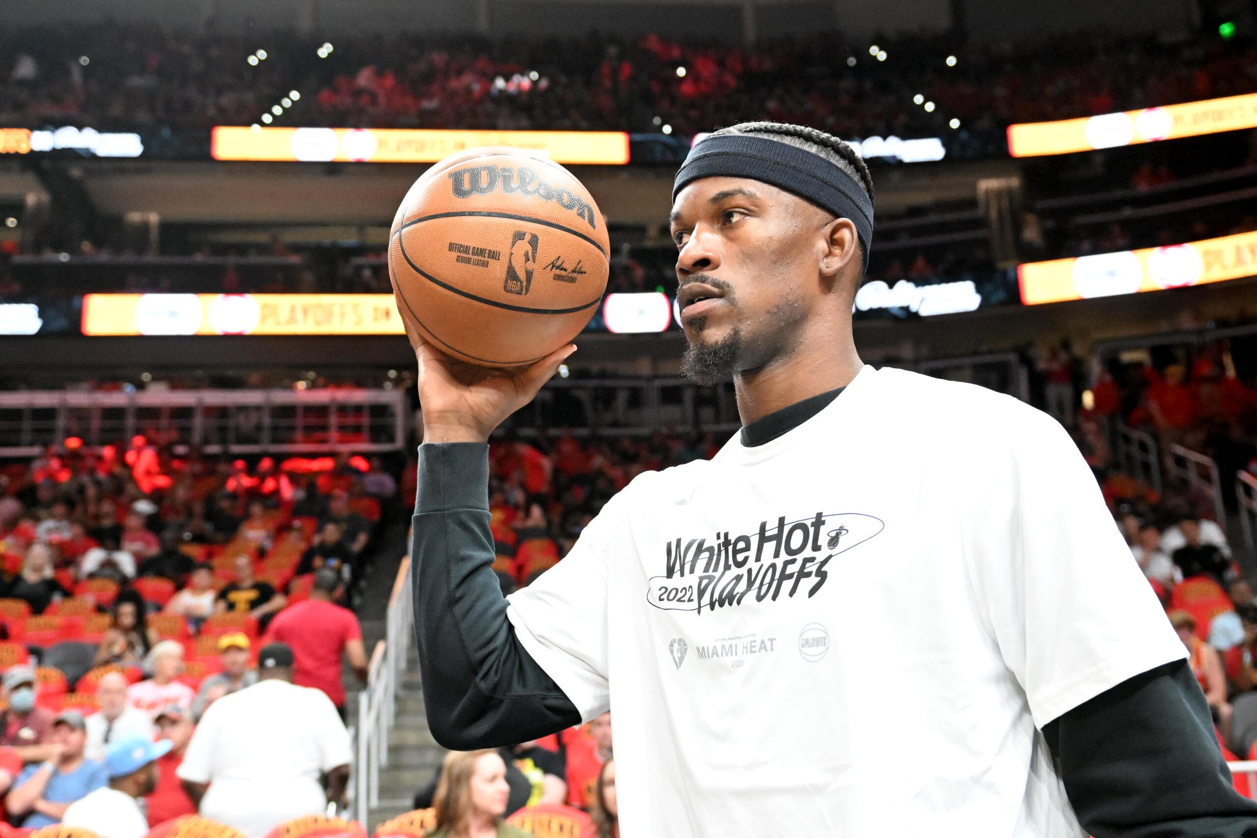ATLANTA, GA - APRIL 24: Jimmy Butler #22 of the Miami Heat looks on prior to the game against the Atlanta Hawks during Round 1 Game 4 of the 2022 NBA Playoffs on April 24, 2022 at State Farm Arena in Atlanta, Georgia.  NOTE TO USER: User expressly acknowledges and agrees that, by downloading and/or using this Photograph, user is consenting to the terms and conditions of the Getty Images License Agreement. Mandatory Copyright Notice: Copyright 2022 NBAE (Photo by Adam Hagy/NBAE via Getty Images)