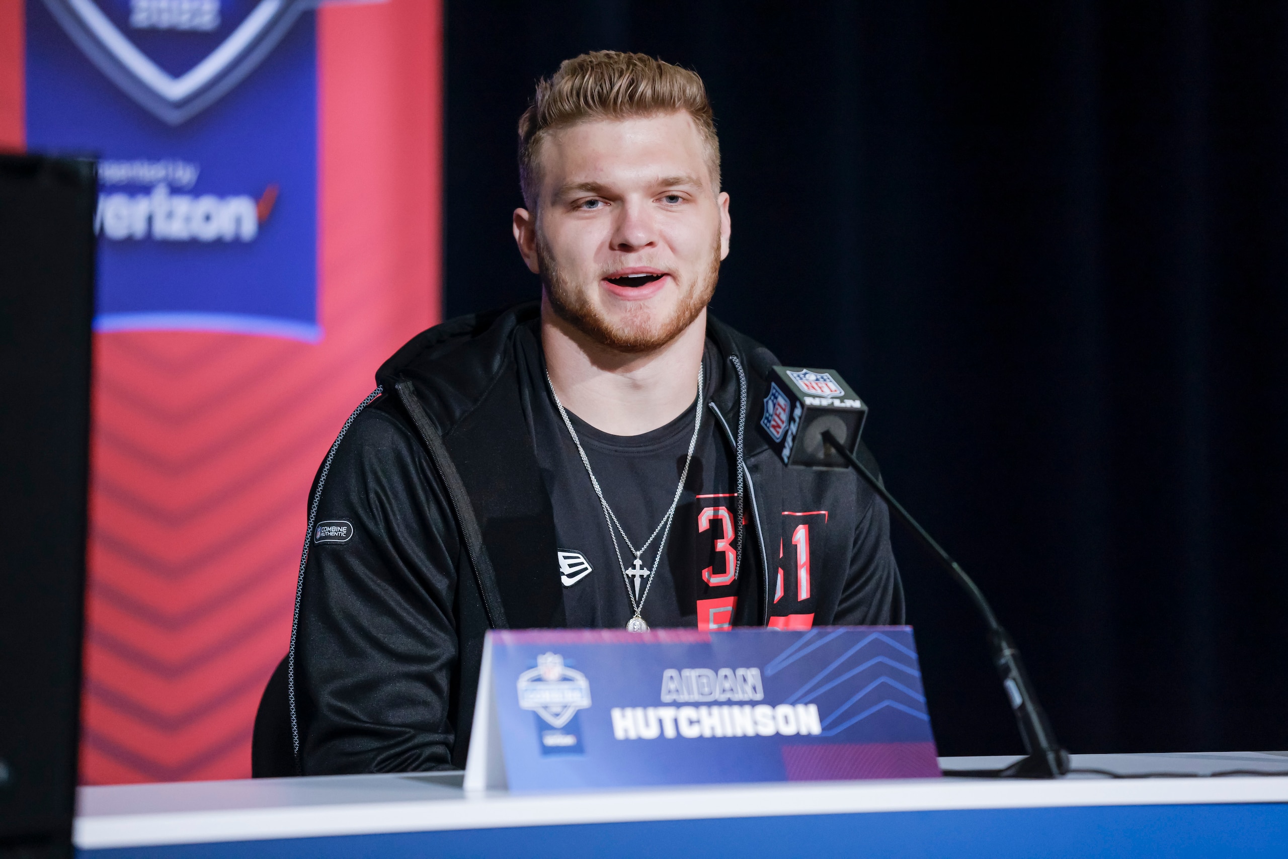 INDIANAPOLIS, IN - MAR 04: Aidan Hutchinson #DL31 of the Michigan Wolverines speaks to reporters during the NFL Draft Combine at the Indiana Convention Center on March 4, 2022 in Indianapolis, Indiana. (Photo by Michael Hickey/Getty Images)