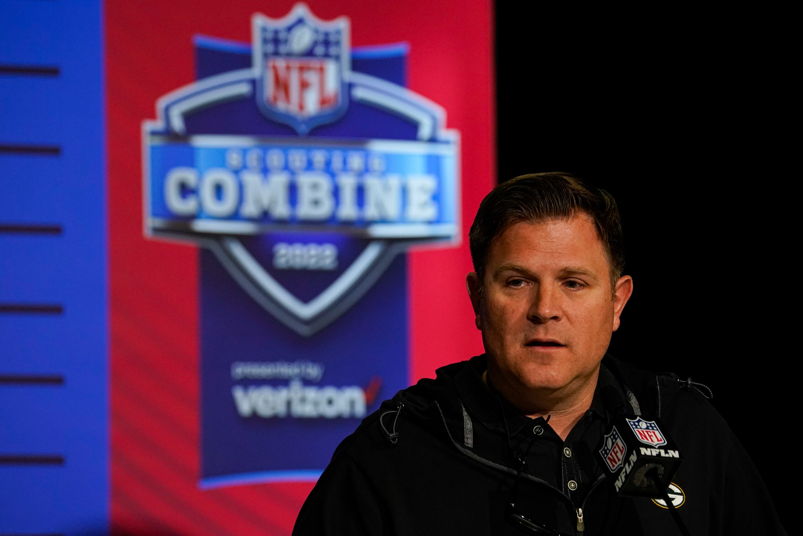 Green Bay Packers general manager Brian Gutekunst speaks during a press conference at the NFL football scouting combine in Indianapolis, Tuesday, March 1, 2022. (AP Photo/Michael Conroy)