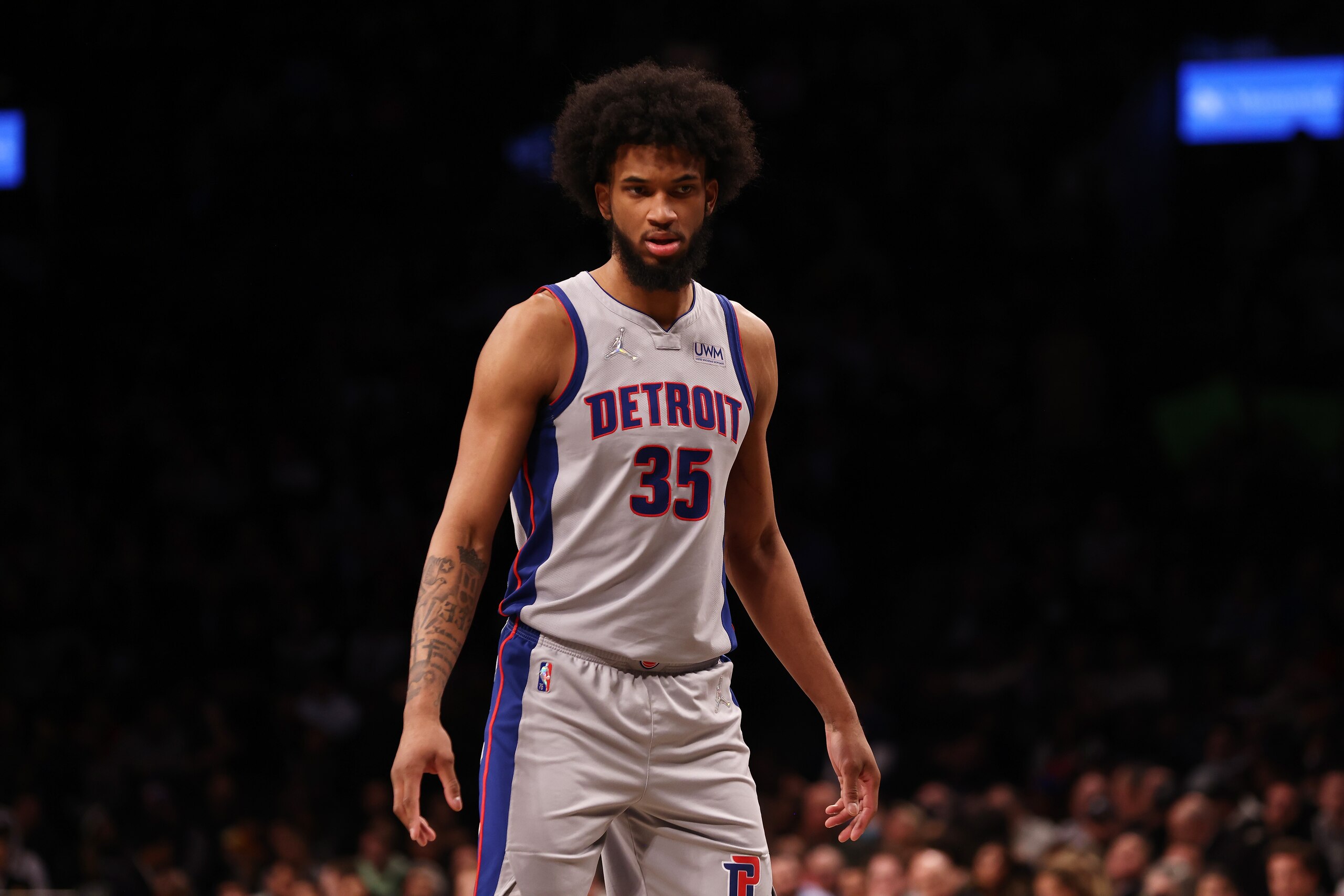 NEW YORK, NEW YORK - MARCH 29: Marvin Bagley III #35 of the Detroit Pistons in action against the Brooklyn Nets at Barclays Center on March 29, 2022 in New York City. NOTE TO USER: User expressly acknowledges and agrees that, by downloading and or using this photograph, User is consenting to the terms and conditions of the Getty Images License Agreement. Brooklyn Nets defeated the Detroit Pistons 130-123. (Photo by Mike Stobe/Getty Images) NEW YORK, NEW YORK - MARCH 29: Marvin Bagley III #35 of the Detroit Pistons in action against the Brooklyn Nets at Barclays Center on March 29, 2022 in New York City. NOTE TO USER: User expressly acknowledges and agrees that, by downloading and or using this photograph, User is consenting to the terms and conditions of the Getty Images License Agreement. Brooklyn Nets defeated the Detroit Pistons 130-123. (Photo by Mike Stobe/Getty Images)