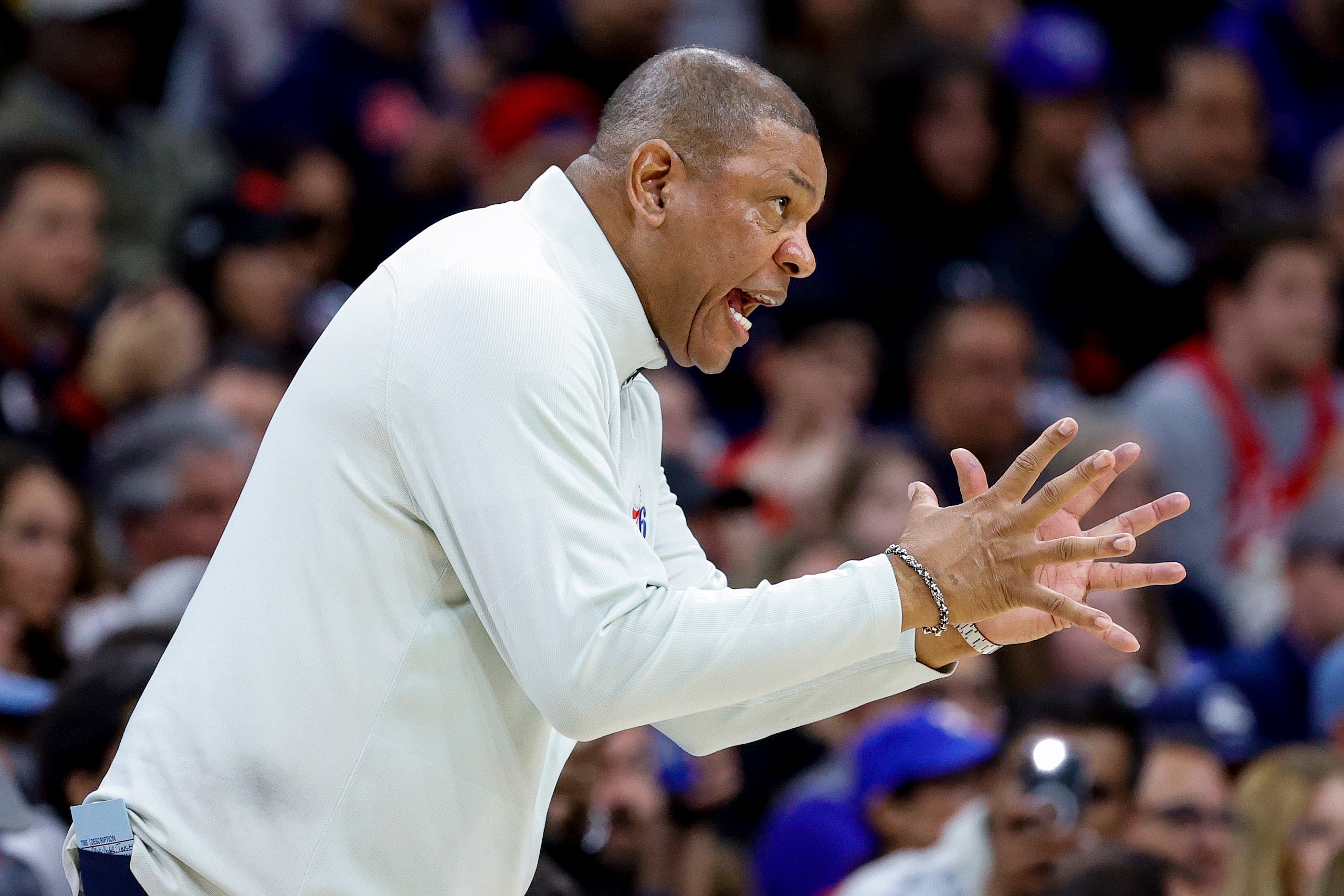 PHILADELPHIA, PENNSYLVANIA - APRIL 25: Head coach Doc Rivers of the Philadelphia 76ers reacts in the third quarter against the Toronto Raptors during Game Five of the Eastern Conference First Round at Wells Fargo Center on April 25, 2022 in Philadelphia, Pennsylvania. NOTE TO USER: User expressly acknowledges and agrees that, by downloading and or using this photograph, User is consenting to the terms and conditions of the Getty Images License Agreement. (Photo by Tim Nwachukwu/Getty Images)