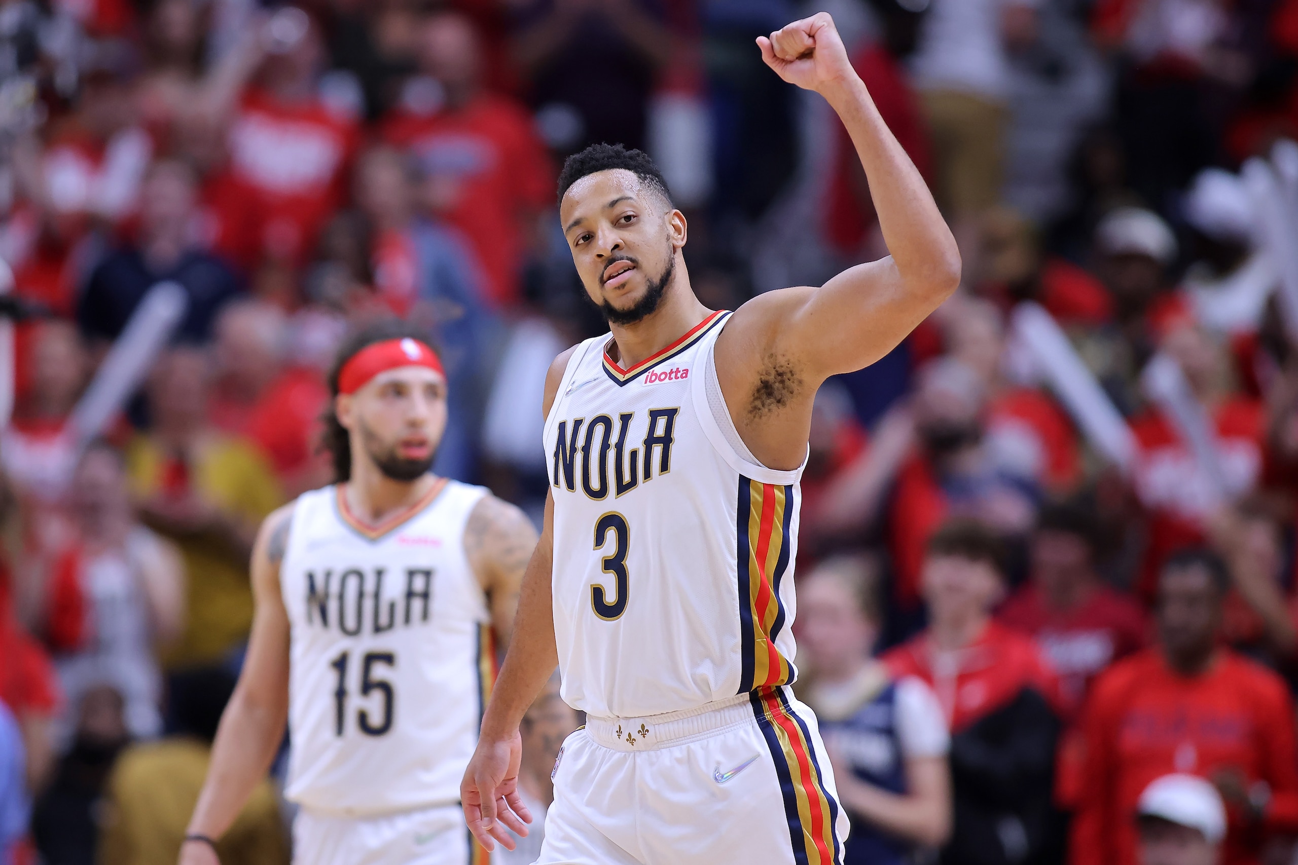NEW ORLEANS, LOUISIANA - APRIL 24: CJ McCollum #3 of the New Orleans Pelicans reacts during the second half of Game Four of the Western Conference First Round against the Phoenix Suns at the Smoothie King Center on April 24, 2022 in New Orleans, Louisiana. NOTE TO USER: User expressly acknowledges and agrees that, by downloading and or using this Photograph, user is consenting to the terms and conditions of the Getty Images License Agreement. (Photo by Jonathan Bachman/Getty Images) NEW ORLEANS, LOUISIANA - APRIL 24: CJ McCollum #3 of the New Orleans Pelicans reacts during the second half of Game Four of the Western Conference First Round against the Phoenix Suns at the Smoothie King Center on April 24, 2022 in New Orleans, Louisiana. NOTE TO USER: User expressly acknowledges and agrees that, by downloading and or using this Photograph, user is consenting to the terms and conditions of the Getty Images License Agreement. (Photo by Jonathan Bachman/Getty Images)