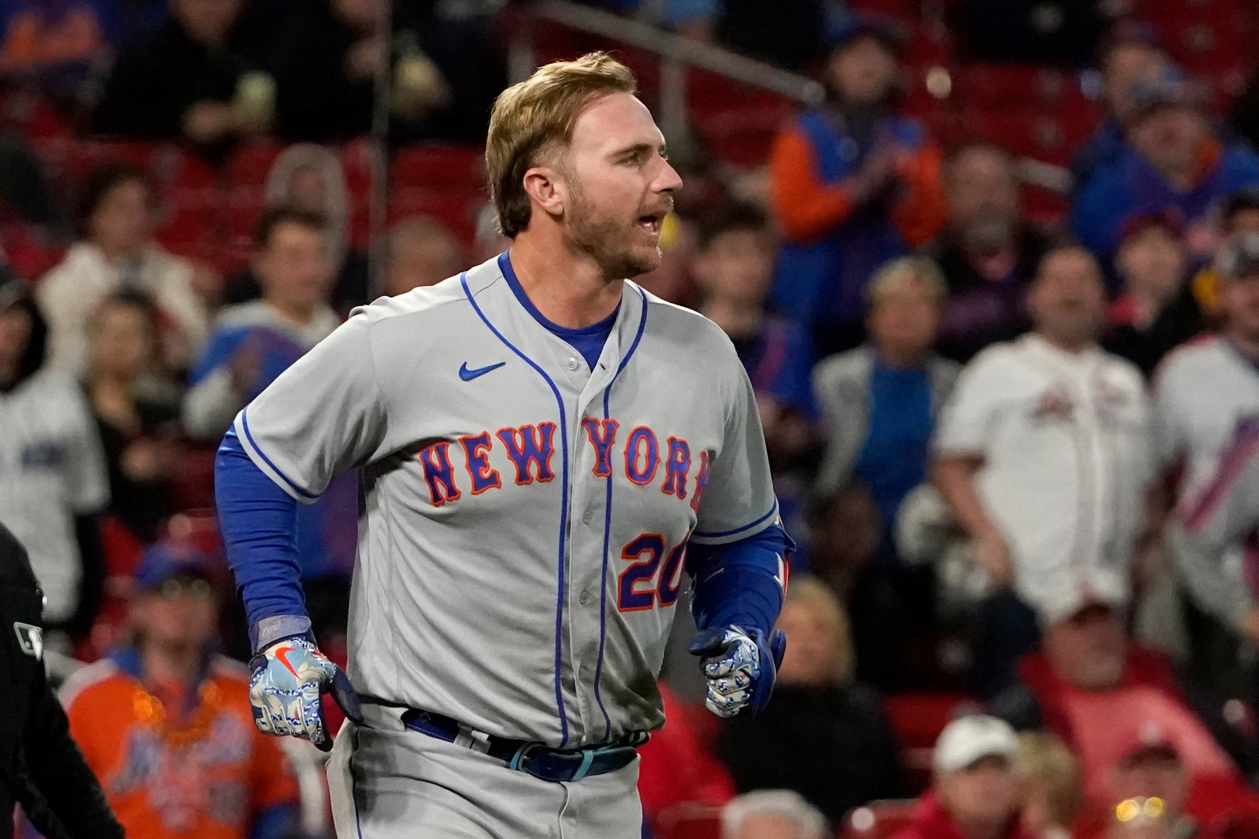 New York Mets' Pete Alonso yells as he takes his base after being hit by a pitch from St. Louis Cardinals relief pitcher Kodi Whitley during the eighth inning of a baseball game Tuesday, April 26, 2022, in St. Louis. (AP Photo/Jeff Roberson) New York Mets' Pete Alonso yells as he takes his base after being hit by a pitch from St. Louis Cardinals relief pitcher Kodi Whitley during the eighth inning of a baseball game Tuesday, April 26, 2022, in St. Louis. (AP Photo/Jeff Roberson)