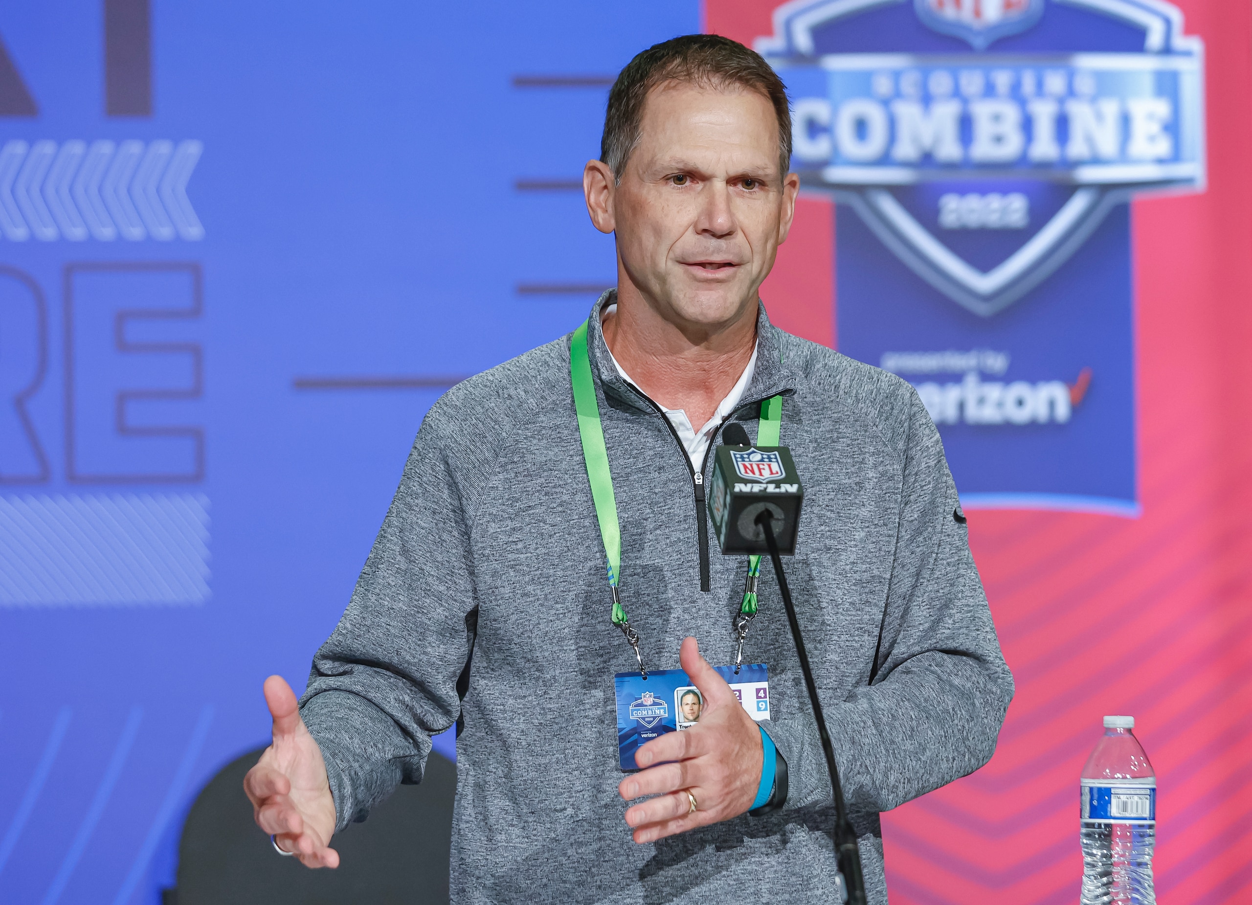 INDIANAPOLIS, IN - MAR 01: Trent Baalke, general manager of the Jacksonville Jaguars speaks to reporters during the NFL Draft Combine at the Indiana Convention Center on March 1, 2022 in Indianapolis, Indiana. (Photo by Michael Hickey/Getty Images)
