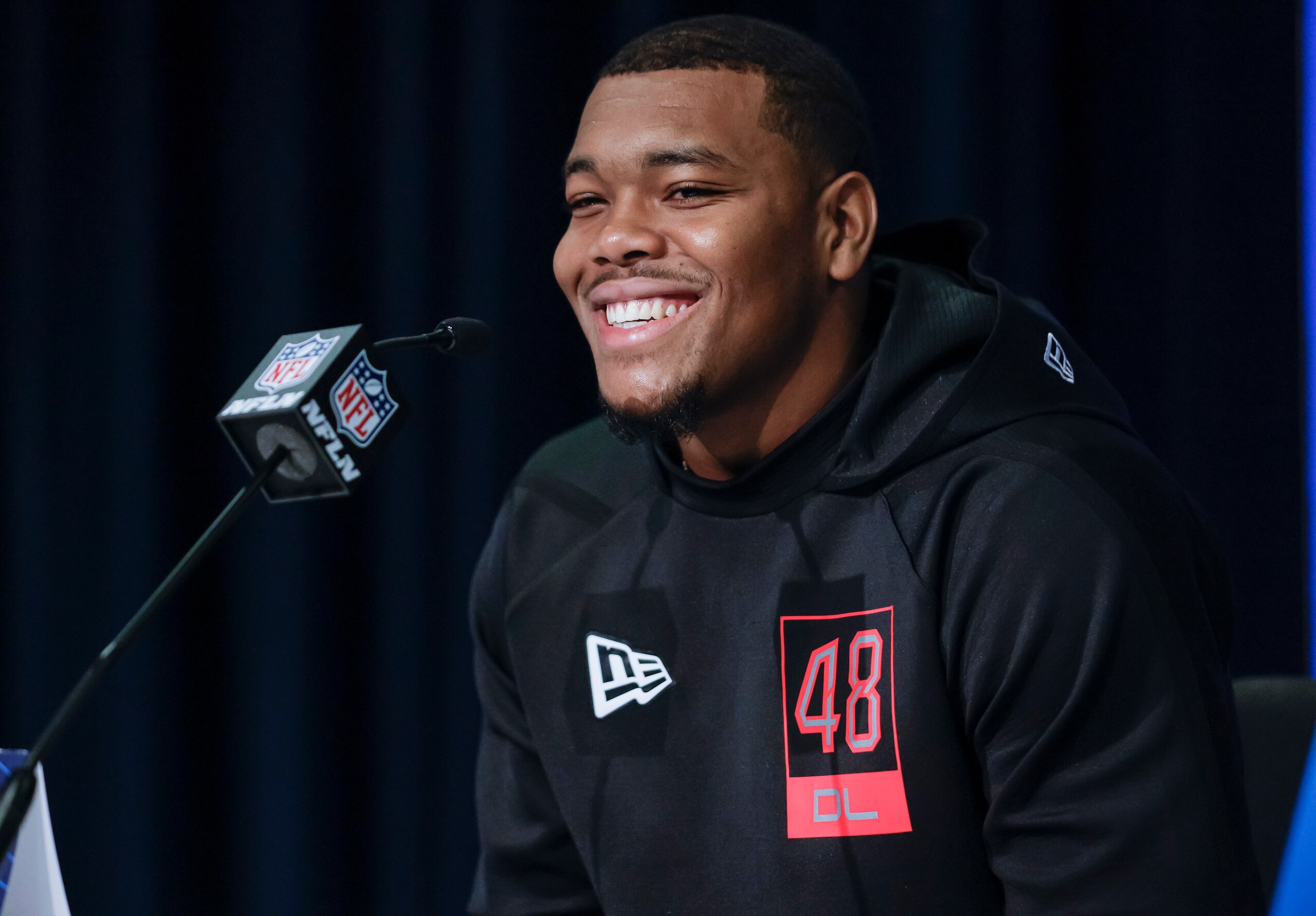 INDIANAPOLIS, IN - MAR 04: Travon Walker #DL48 of the Georgia Bulldogs speaks to reporters during the NFL Draft Combine at the Indiana Convention Center on March 4, 2022 in Indianapolis, Indiana. (Photo by Michael Hickey/Getty Images)