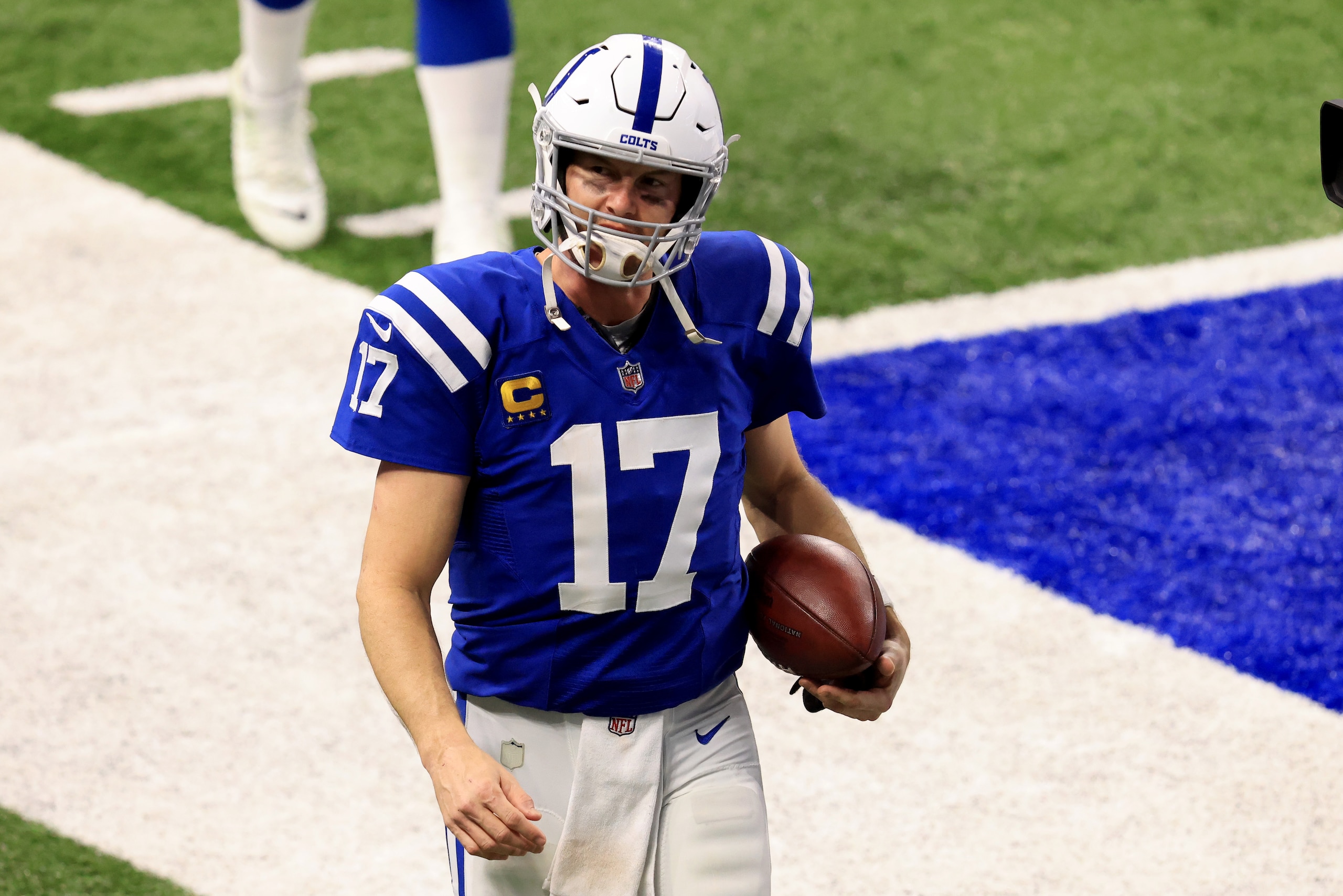 INDIANAPOLIS, INDIANA - JANUARY 03: Philip Rivers #17 of the Indianapolis Colts walks off the field after a win over the Jacksonville Jaguars at Lucas Oil Stadium on January 03, 2021 in Indianapolis, Indiana. (Photo by Justin Casterline/Getty Images)