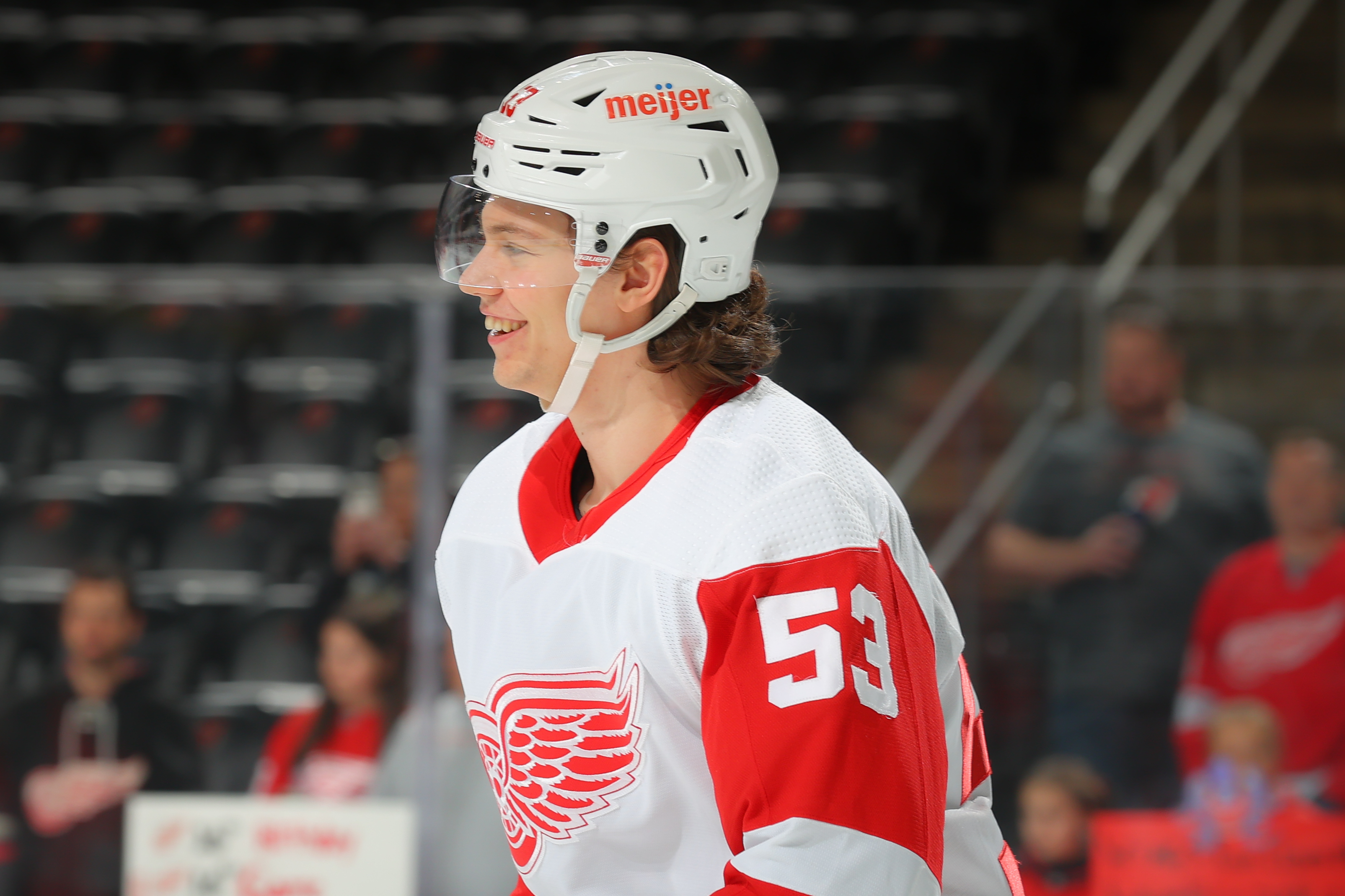 NEWARK, NJ - APRIL 24: Moritz Seider #53 of the Detroit Red Wings skates during warm up prior to the game against the New Jersey Devils on April 24, 2022 at the Prudential Center in Newark, New Jersey. (Photo by Rich Graessle/Getty Images)