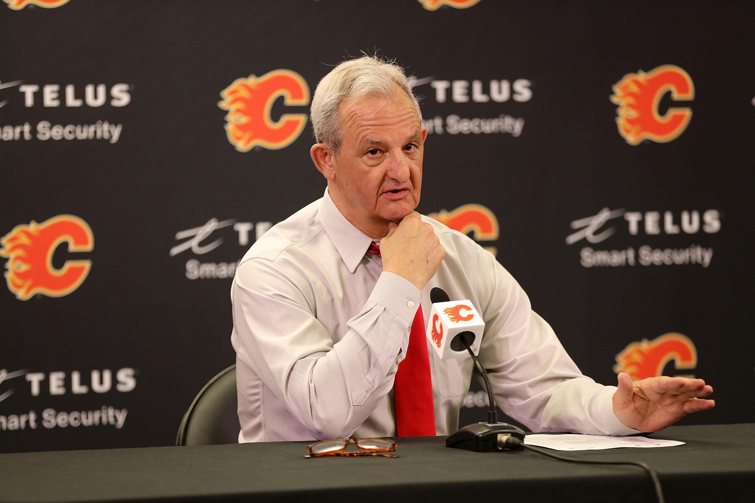 CALGARY, AB - APRIL 23: Darryl Sutter head coach of the Calgary Flames speaks to the media after the game against the Vancouver Canucks at Scotiabank Saddledome on April 23, 2022 in Calgary, Alberta, Canada. (Photo by Gerry Thomas/NHLI via Getty Images)