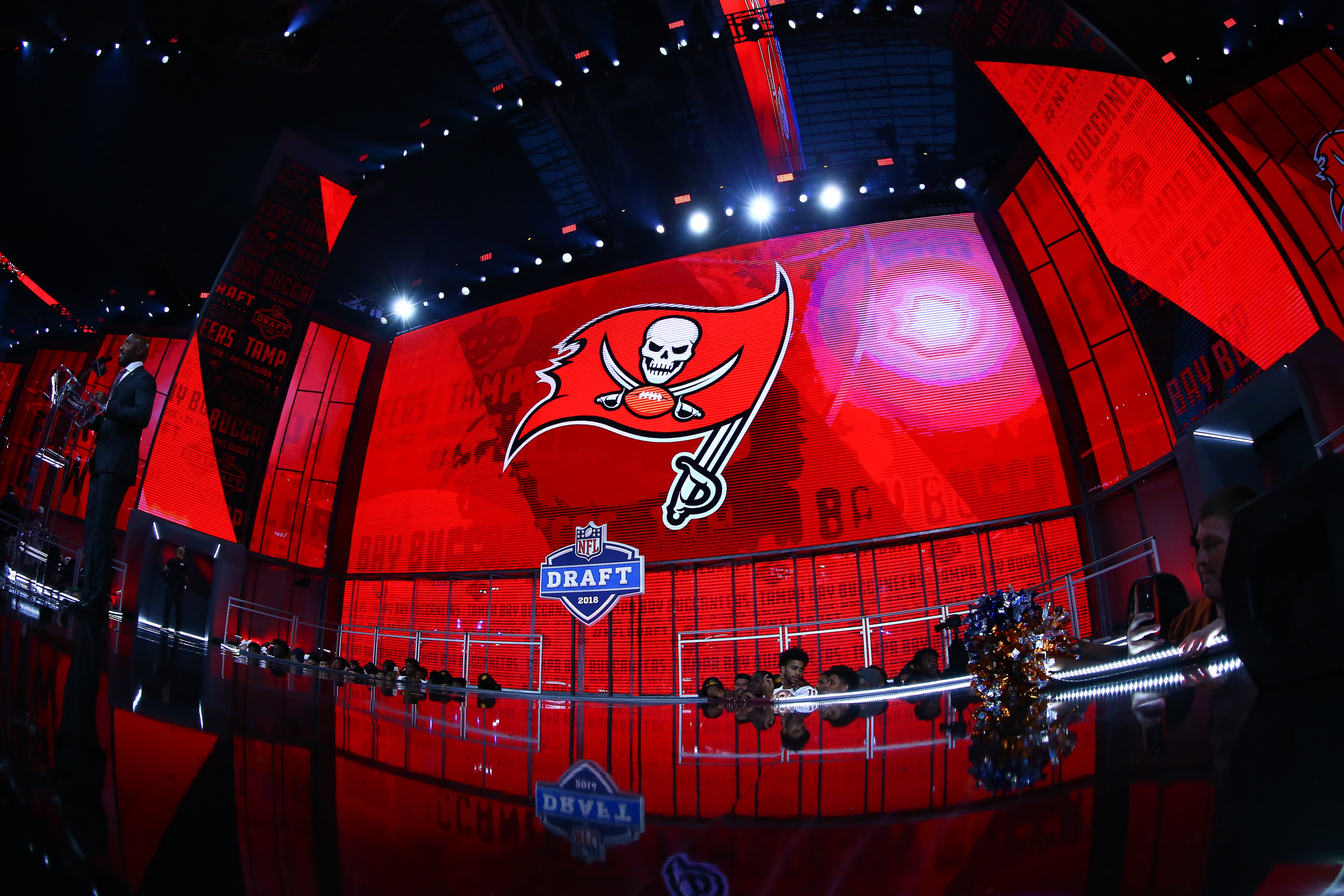 ARLINGTON, TX - APRIL 27:   The Tampa Bay Buccaneers logo on the video board during the second round of the 2018 NFL Draft on April 27, 2018, at AT&T Stadium in Arlington, TX.   (Photo by Rich Graessle/Icon Sportswire via Getty Images)