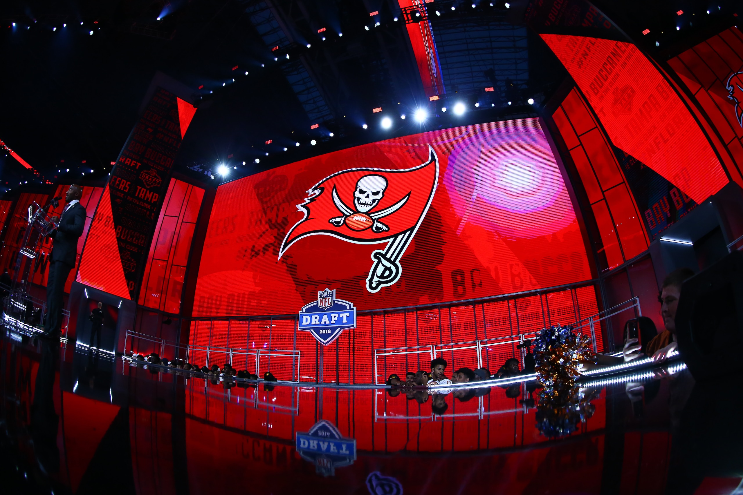 ARLINGTON, TX - APRIL 27:   The Tampa Bay Buccaneers logo on the video board during the second round of the 2018 NFL Draft on April 27, 2018, at AT&T Stadium in Arlington, TX.   (Photo by Rich Graessle/Icon Sportswire via Getty Images)