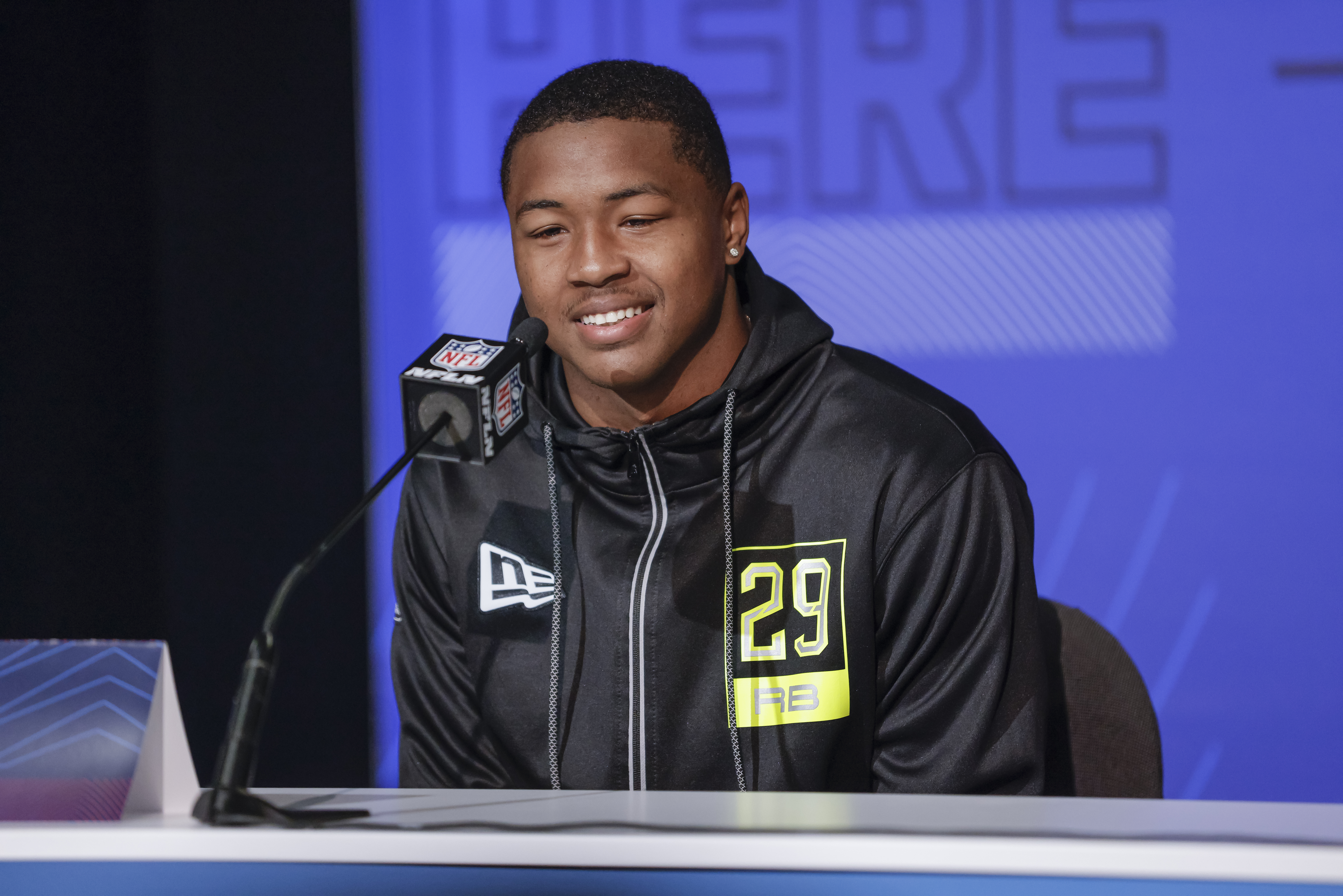 INDIANAPOLIS, IN - MAR 03: Isaiah Spiller #RB29 of the Texas A&M Aggies speaks to reporters during the NFL Draft Combine at the Indiana Convention Center on March 3, 2022 in Indianapolis, Indiana. (Photo by Michael Hickey/Getty Images)