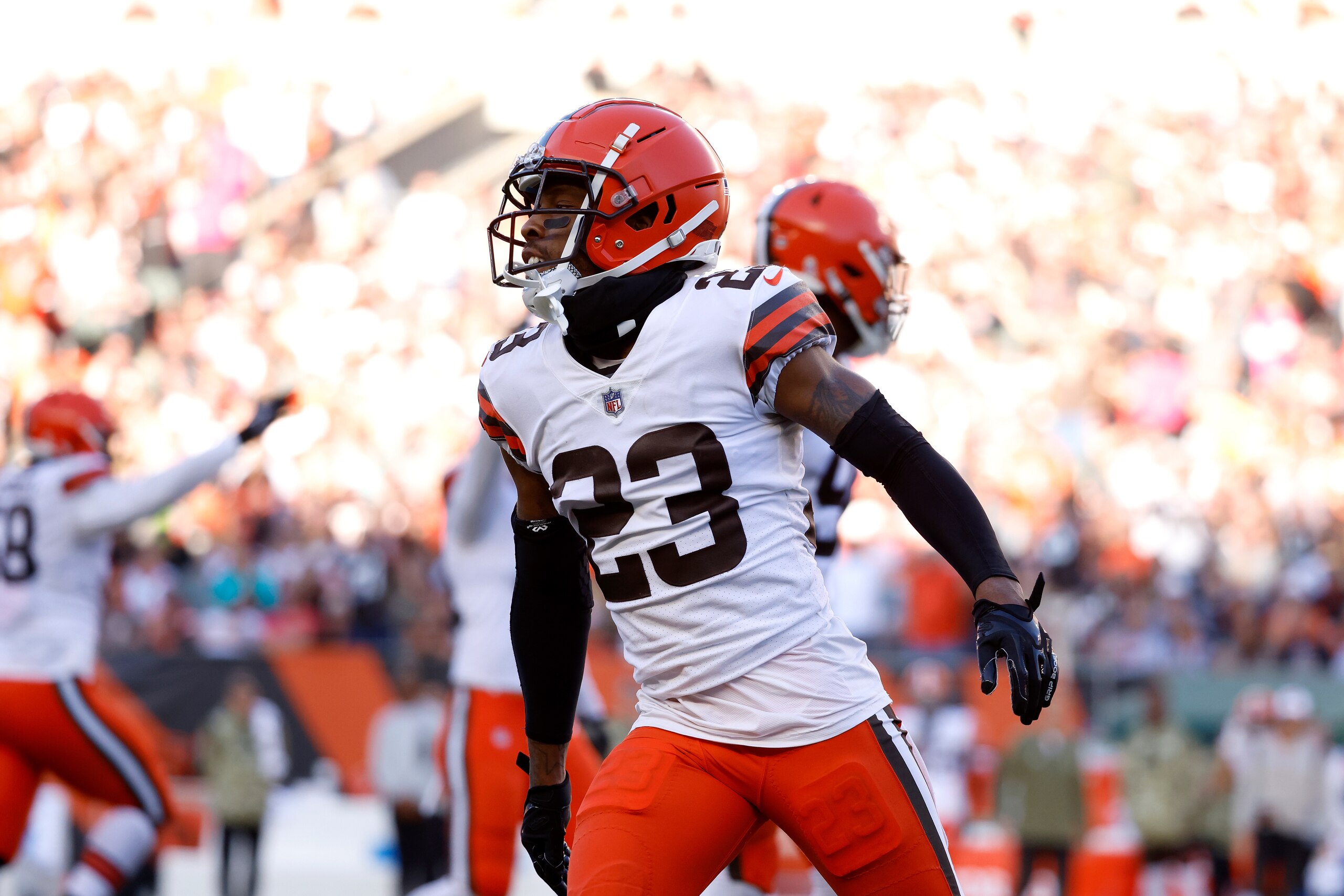 CINCINNATI, OH - NOVEMBER 07:  Troy Hill #23 of the Cleveland Browns reacts after making a defensive stop during the game against the Cincinnati Bengals at Paul Brown Stadium on November 7, 2021 in Cincinnati, Ohio. (Photo by Kirk Irwin/Getty Images)